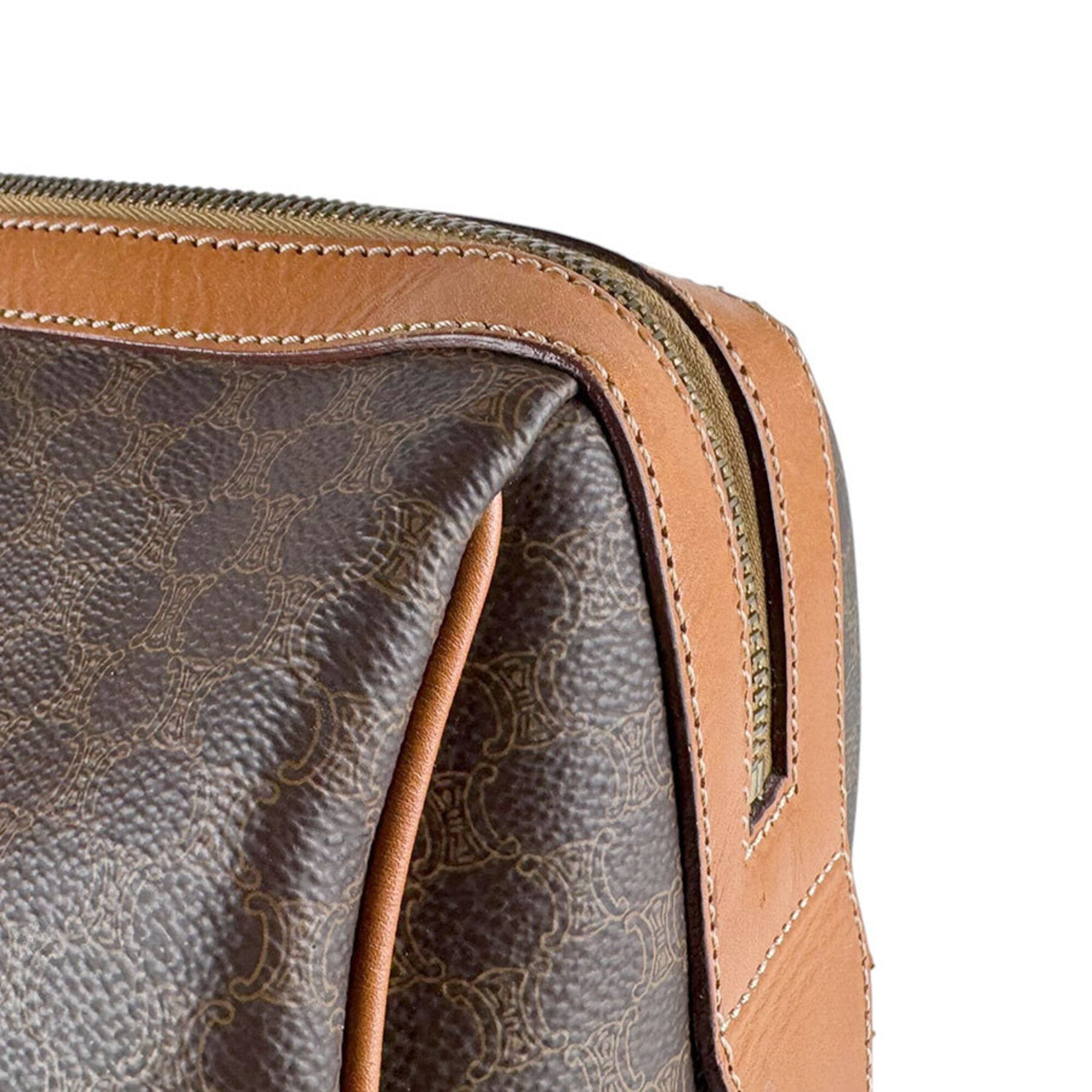 Celine Brown Coated Canvas Leather Boston Bag Handbag (Pre-Owned)
