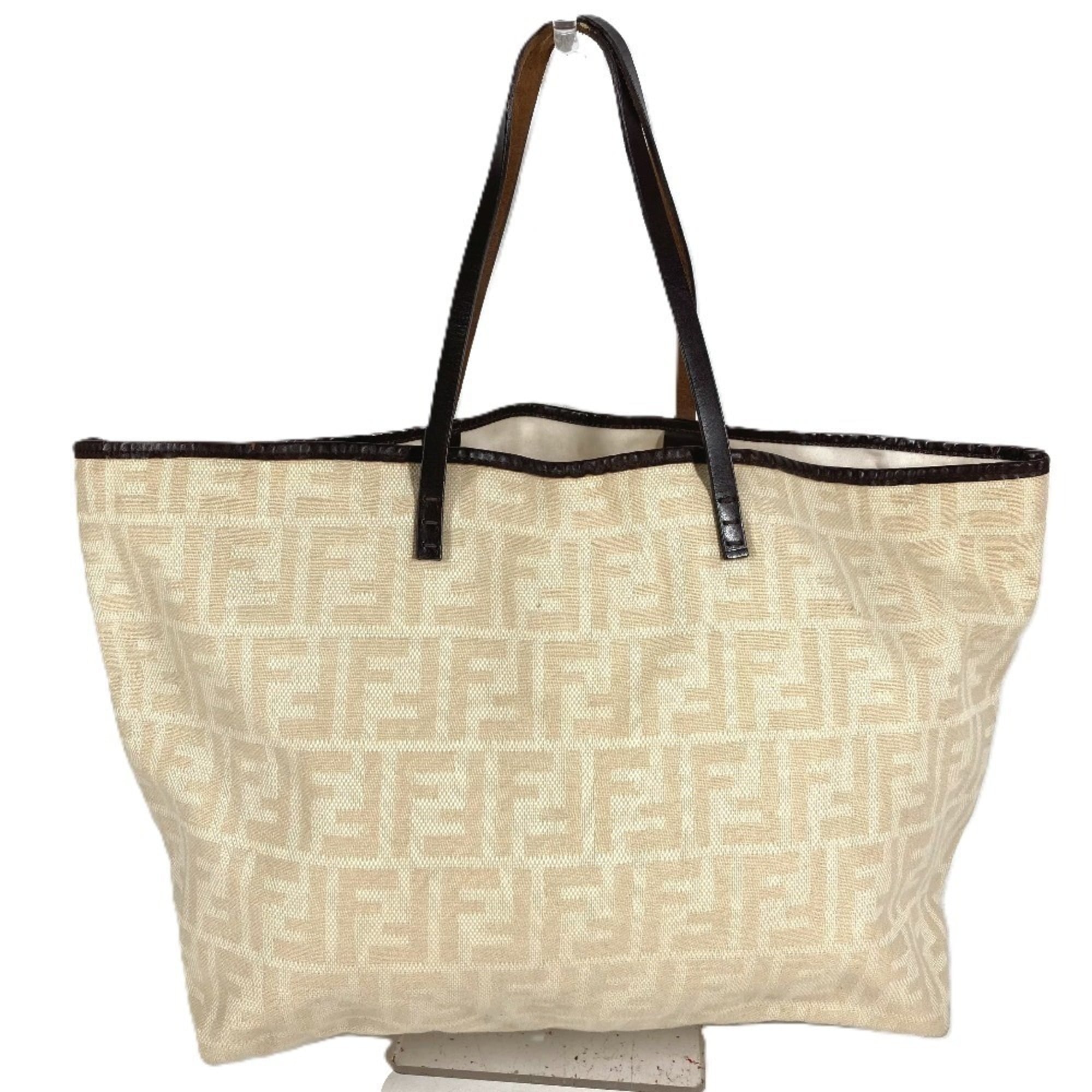 Fendi Beige Brown Yellow Canvas Leather Shoulder Bag Tote Bag (Pre-Owned)
