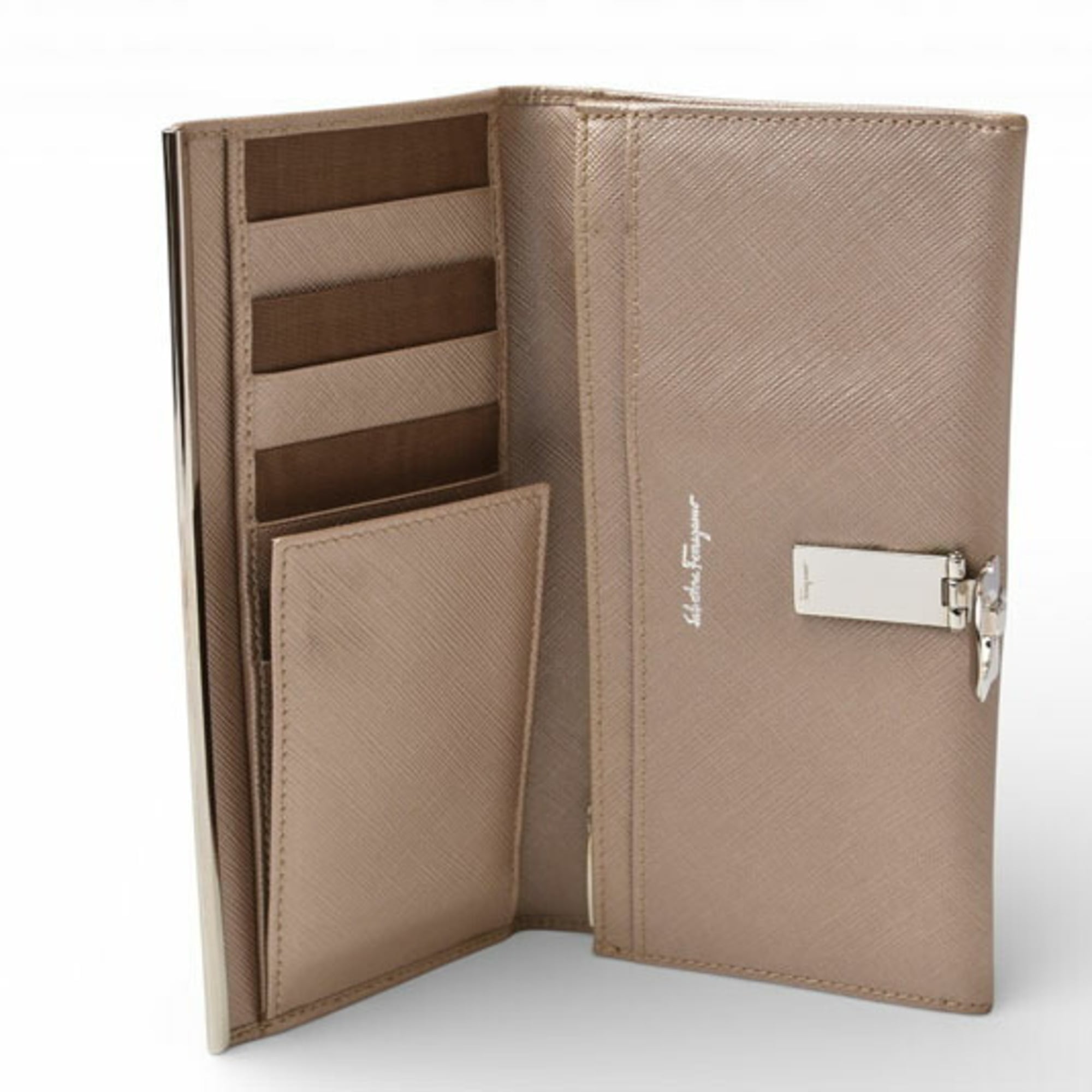 Salvatore Ferragamo Gancini Metallic Beige Leather Long Wallet (Bi-Fold) (Pre-Owned)