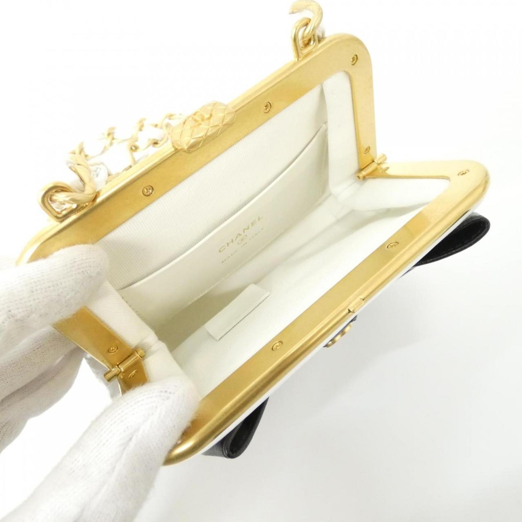 Chanel Black White Leather Clutch Bag Handbag Shoulder Bag (Pre-Owned)