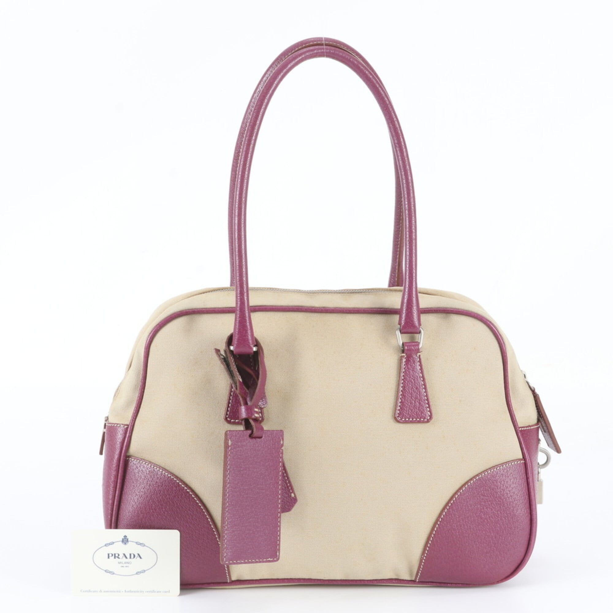 Prada Ivory Purple Leather Canvas Handbag Shoulder Bag (Pre-Owned)