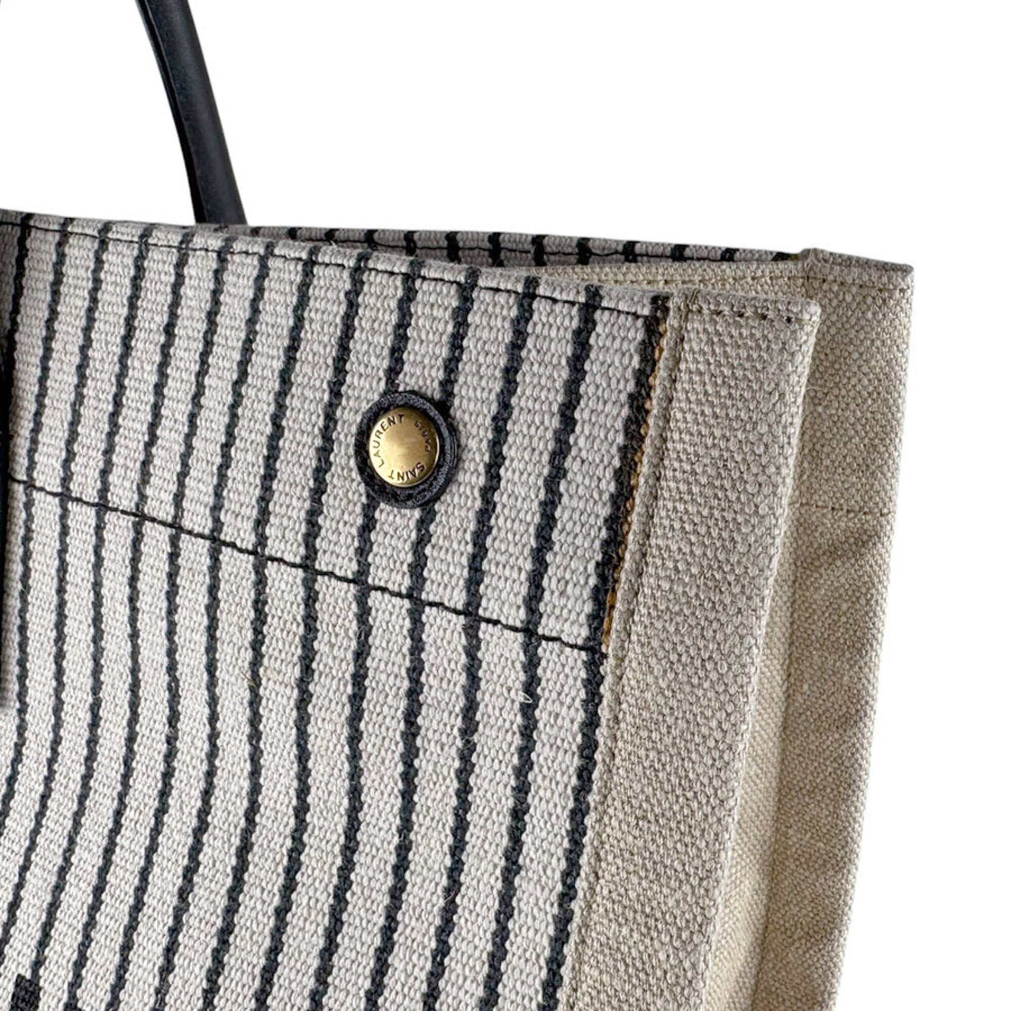 Saint Laurent Beige Black Ivory Canvas Leather Handbag Tote Bag (Pre-Owned)