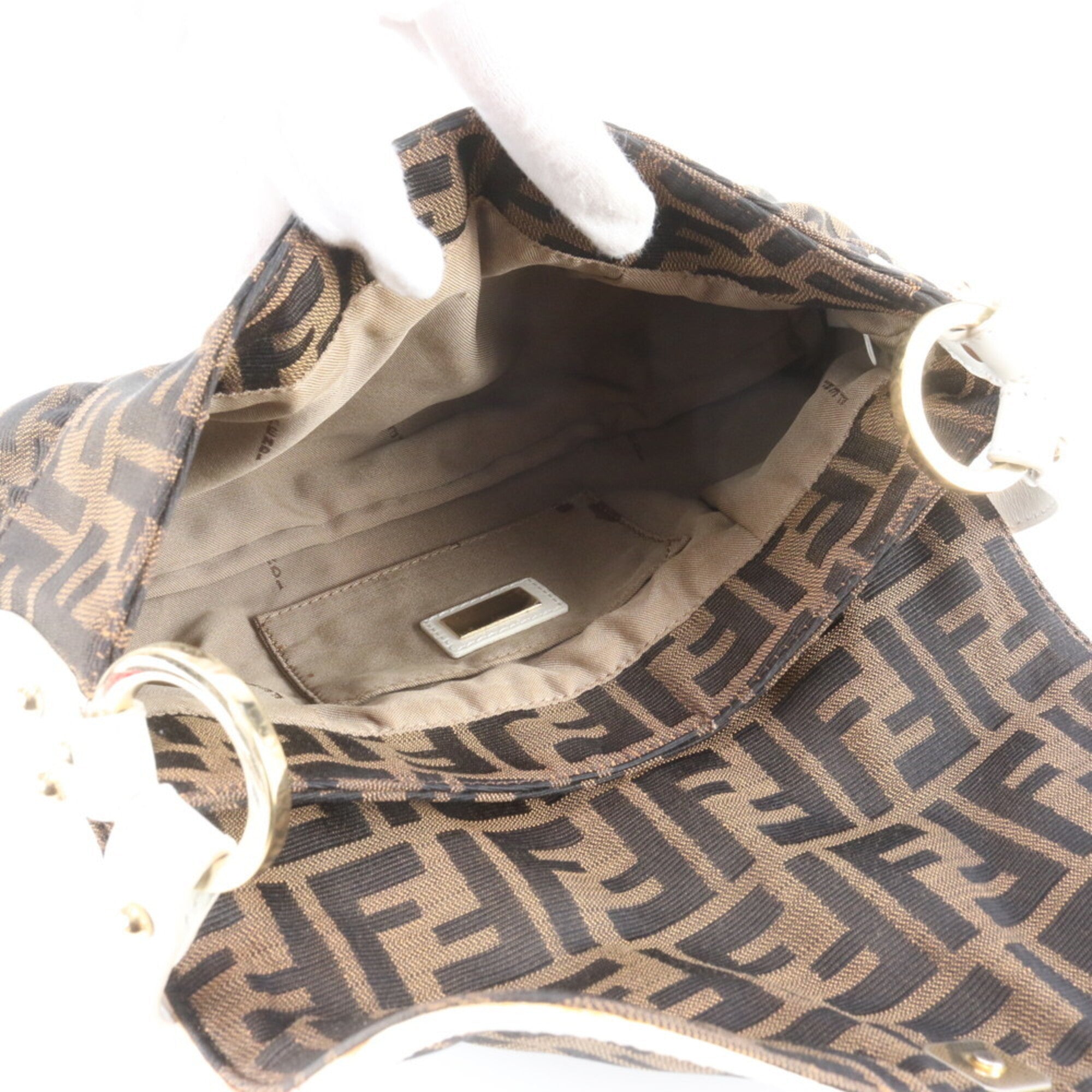 Fendi Brown White Leather Canvas Handbag Shoulder Bag Tote Bag (Pre-Owned)