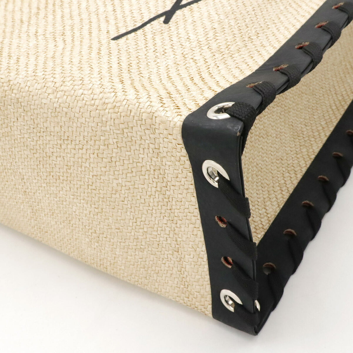 Christian Louboutin Beige Black Red Color Raffia Canvas Leather Shoulder Bag Tote Bag (Pre-Owned)