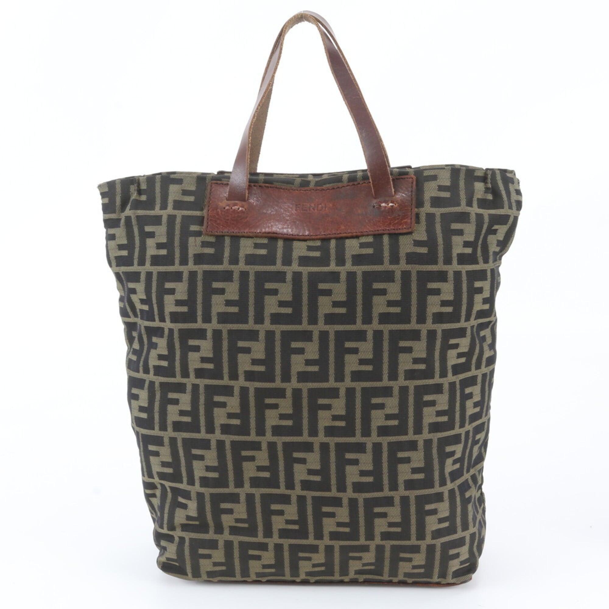 Fendi Brown Green Khaki Leather Canvas Shoulder Bag Tote Bag (Pre-Owned)