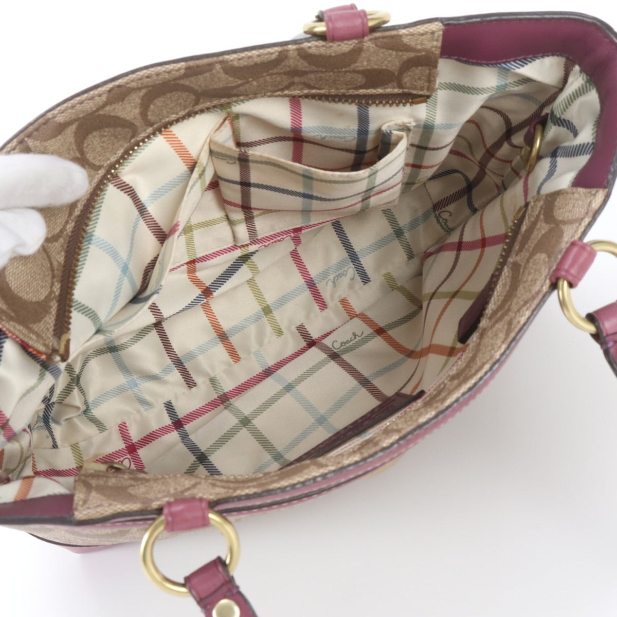 Coach Beige Purple Leather Coated Canvas Handbag Shoulder Bag Tote Bag (Pre-Owned)