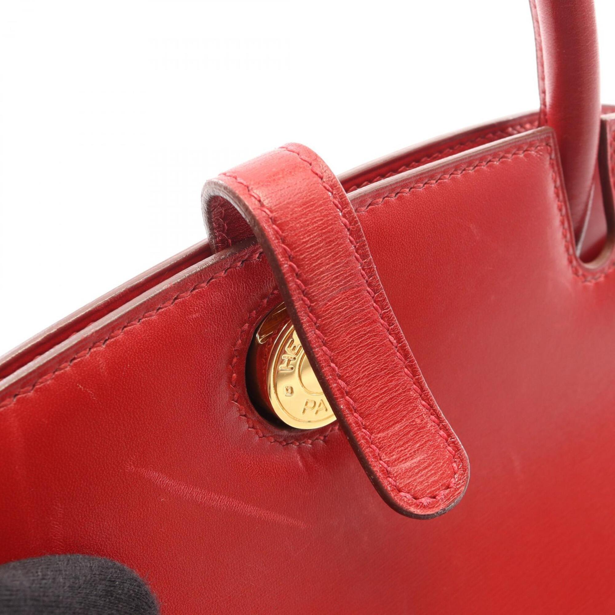 Hermes Red Color Box Calf Leather Leather Handbag (Pre-Owned)