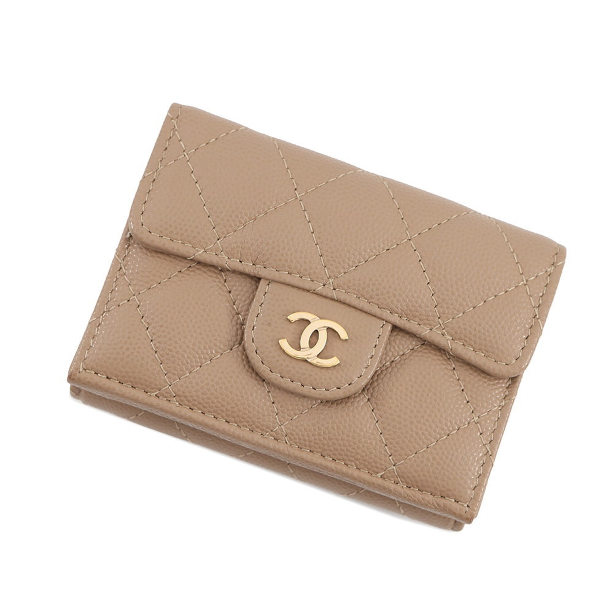 Chanel Matelasse Beige Grained Calfskin Wallet (Tri-Fold) (Pre-Owned)