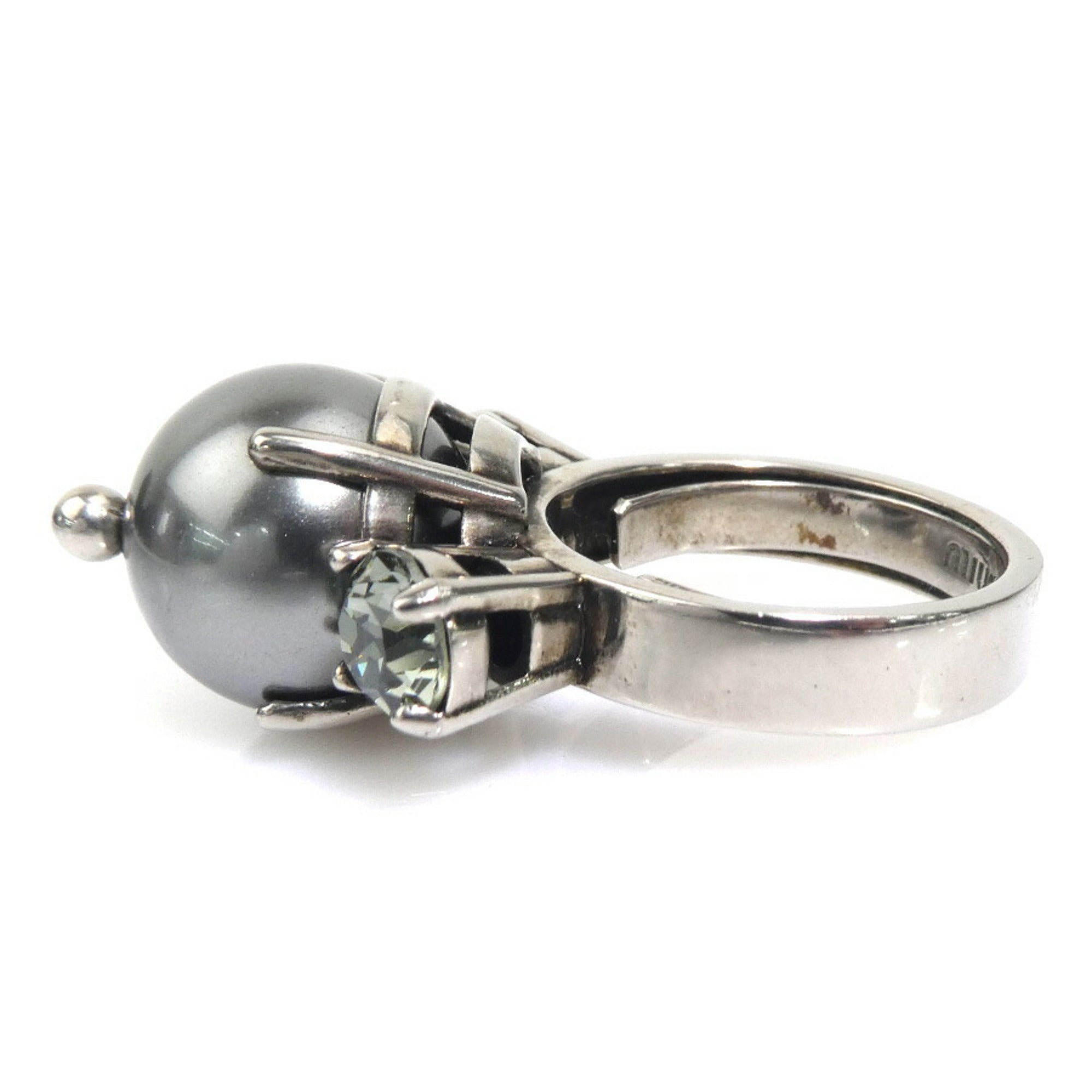 Miu Miu Silver Artificial Pearl Metal Band Ring (Pre-Owned)