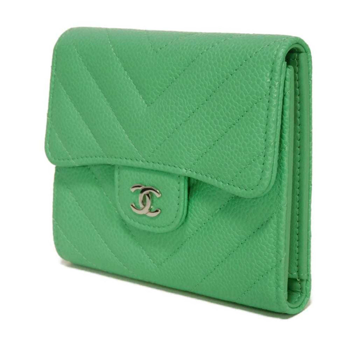 Chanel Light Green Grained Calfskin Wallet (Tri-Fold) (Pre-Owned)