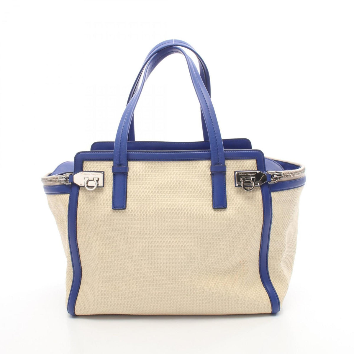 Salvatore Ferragamo Blue Ivory Canvas Leather Handbag (Pre-Owned)
