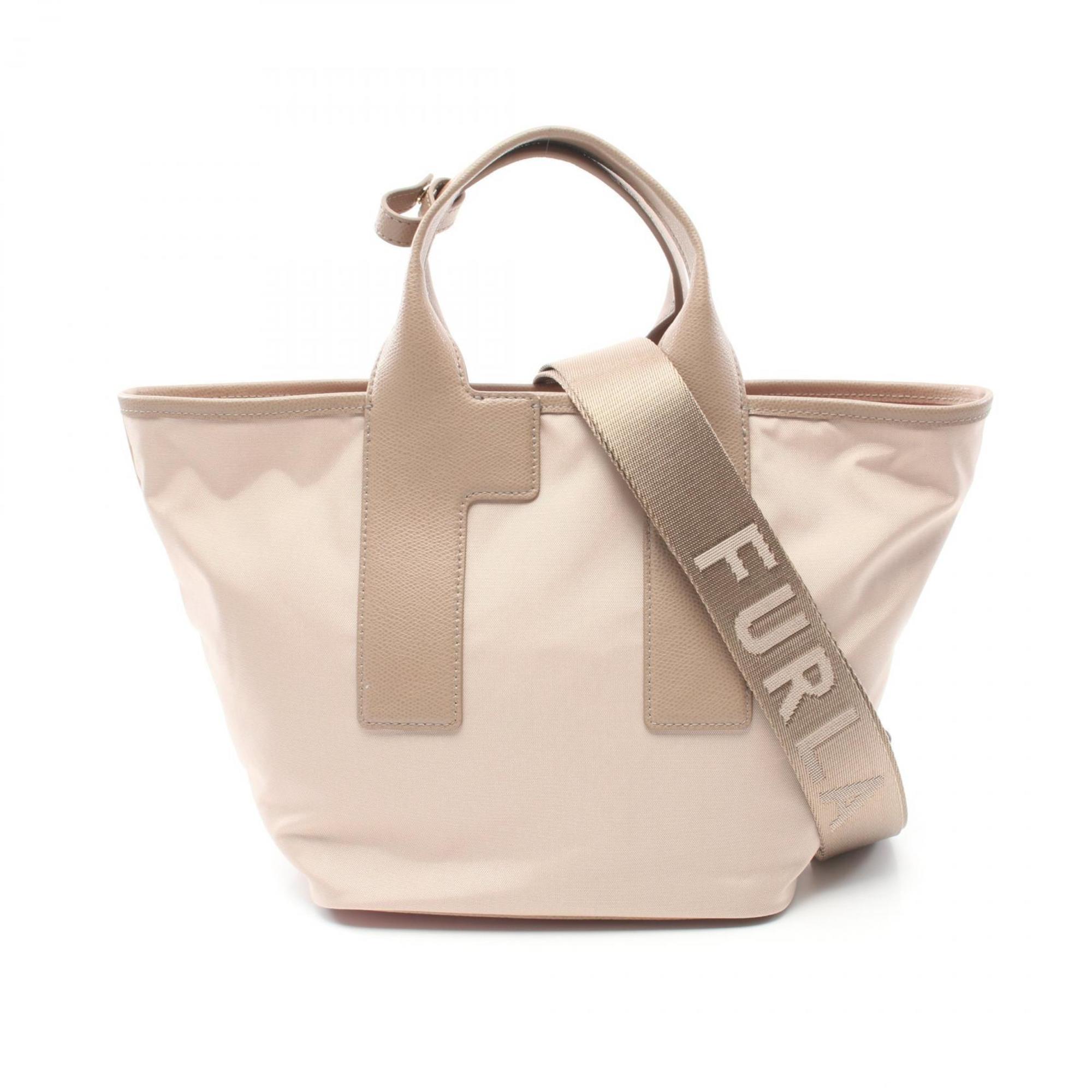 Furla Beige Pink Leather Nylon Canvas Handbag
