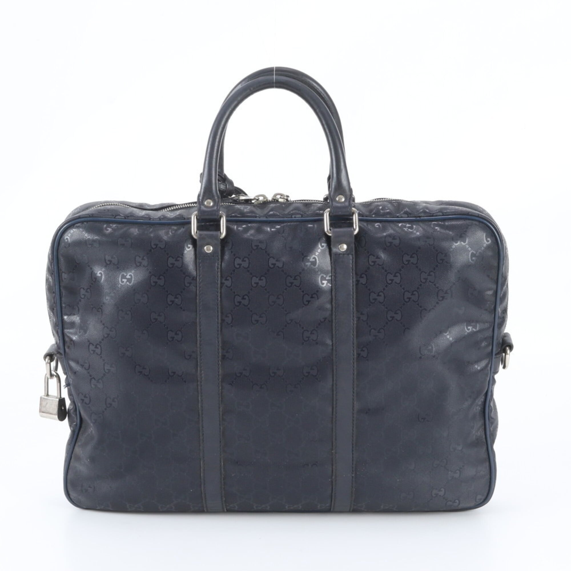 Gucci Navy Leather Coated Canvas Briefcase Tote Bag (Pre-Owned)
