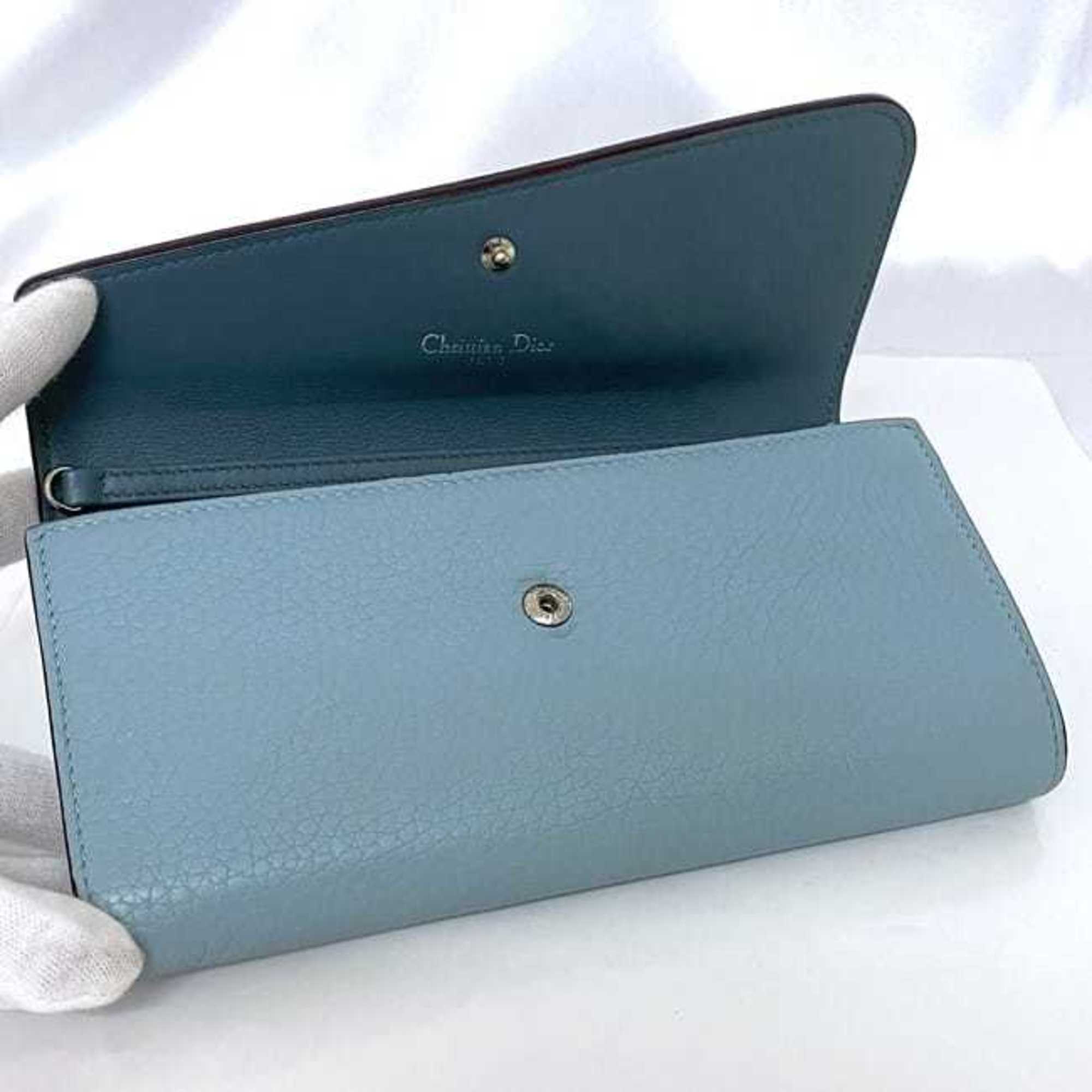 Christian Dior Light Blue Leather Long Wallet (Bi-Fold) (Pre-Owned)
