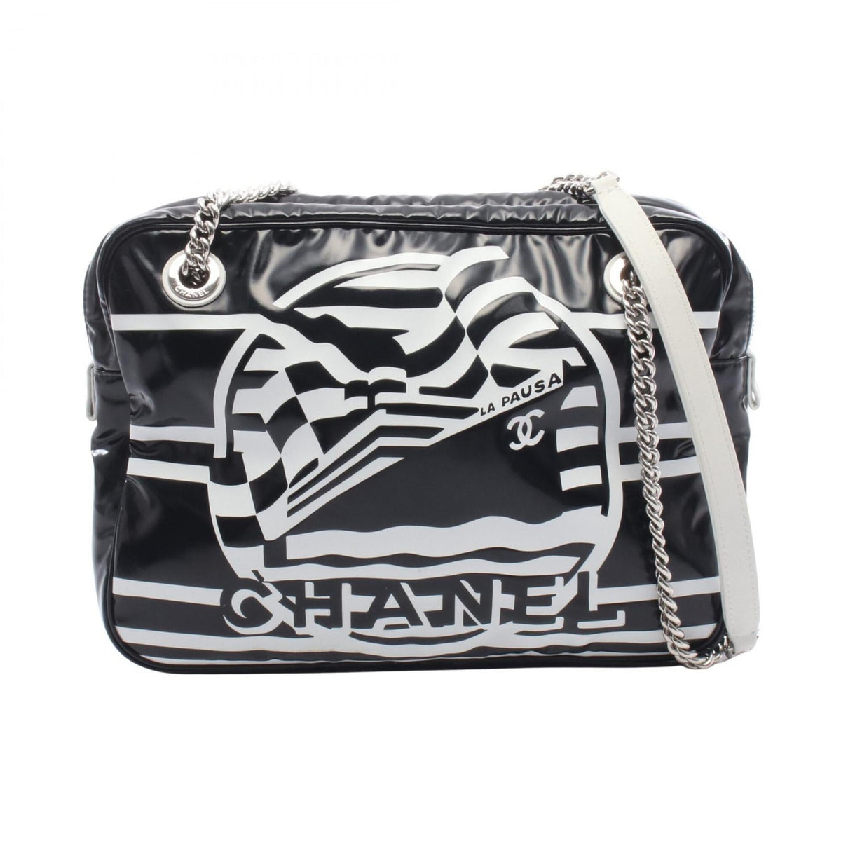 Chanel Black White Pvc Coated Canvas Leather Shoulder Bag (Pre-Owned)