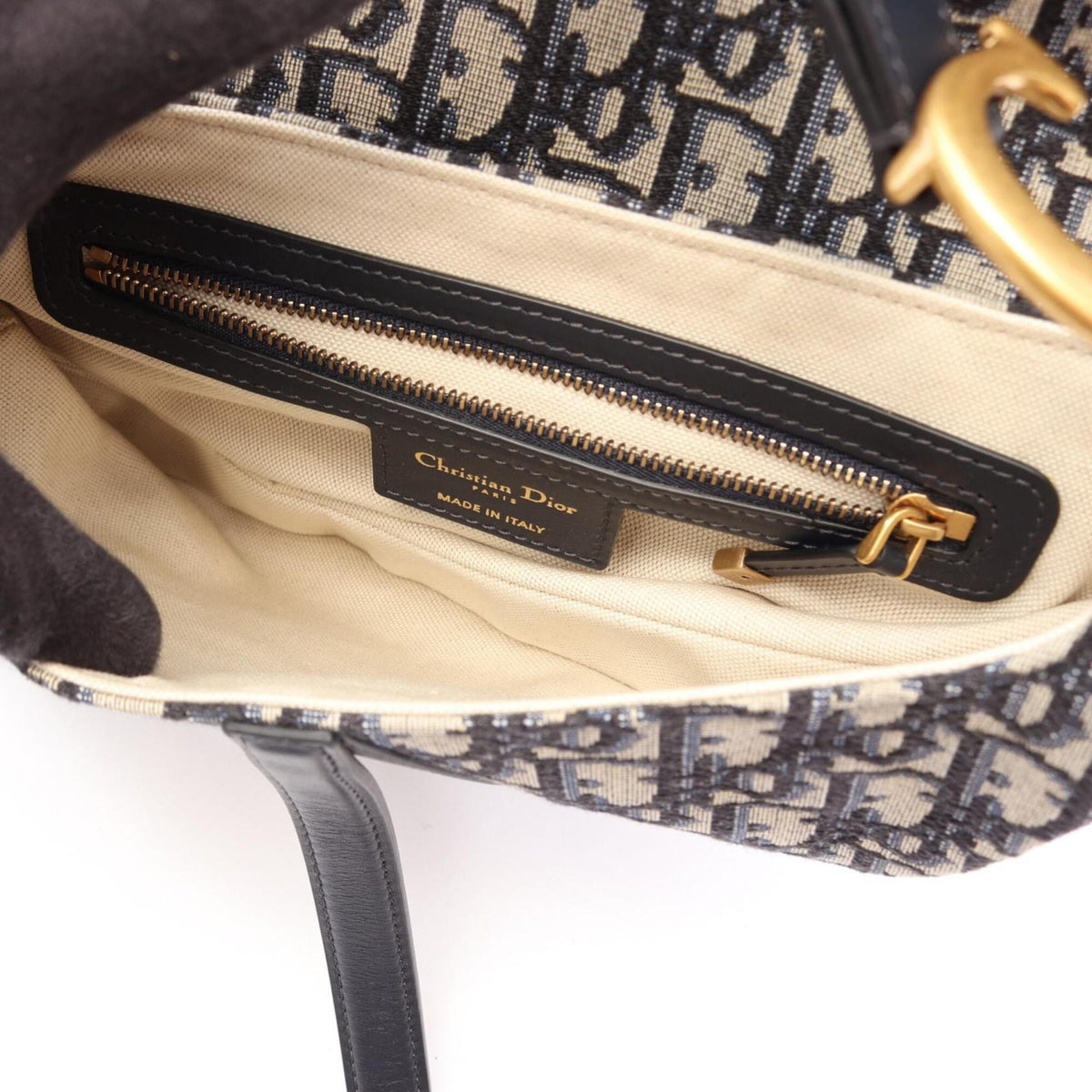 Christian Dior Beige Navy Canvas Leather Saddle Bag (Pre-Owned)