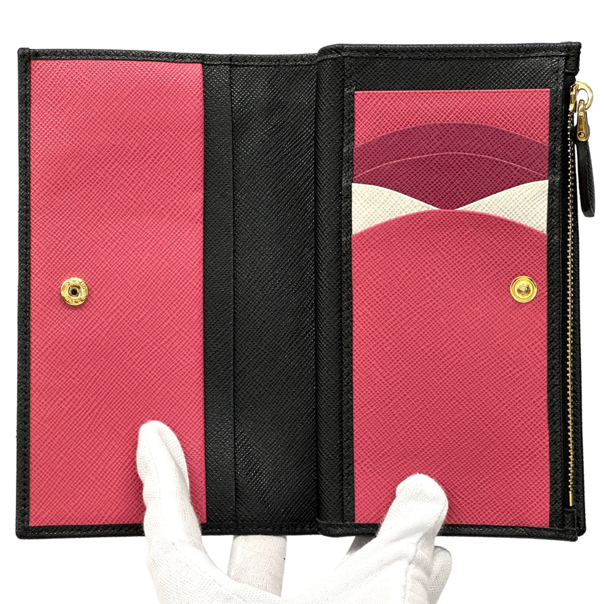 Prada Black Pink Saffiano Long Wallet (Bi-Fold) (Pre-Owned)