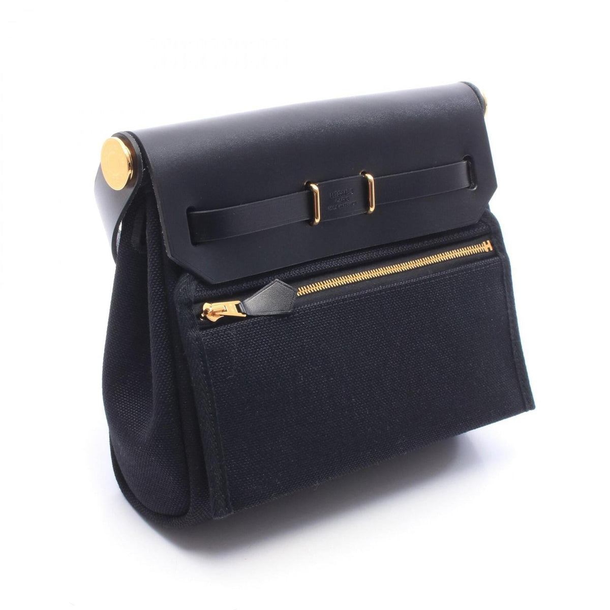 Hermes Black Canvas Leather Handbag Shoulder Bag (Pre-Owned)