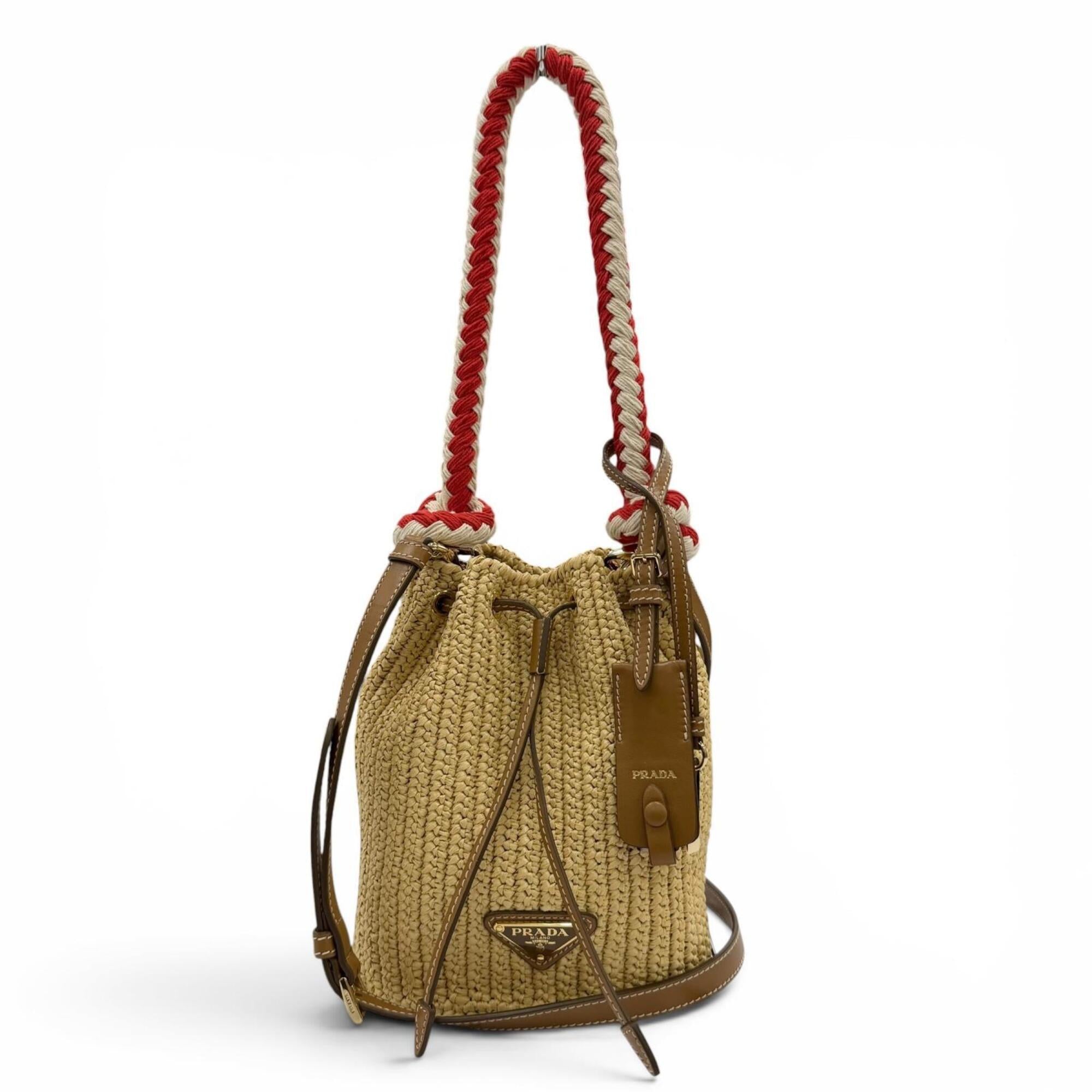 Prada Leather Raffia Handbag Shoulder Bag (Pre-Owned)