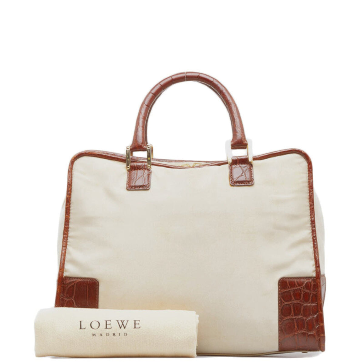 Loewe Beige Brown Nylon Leather Boston Bag Handbag (Pre-Owned)
