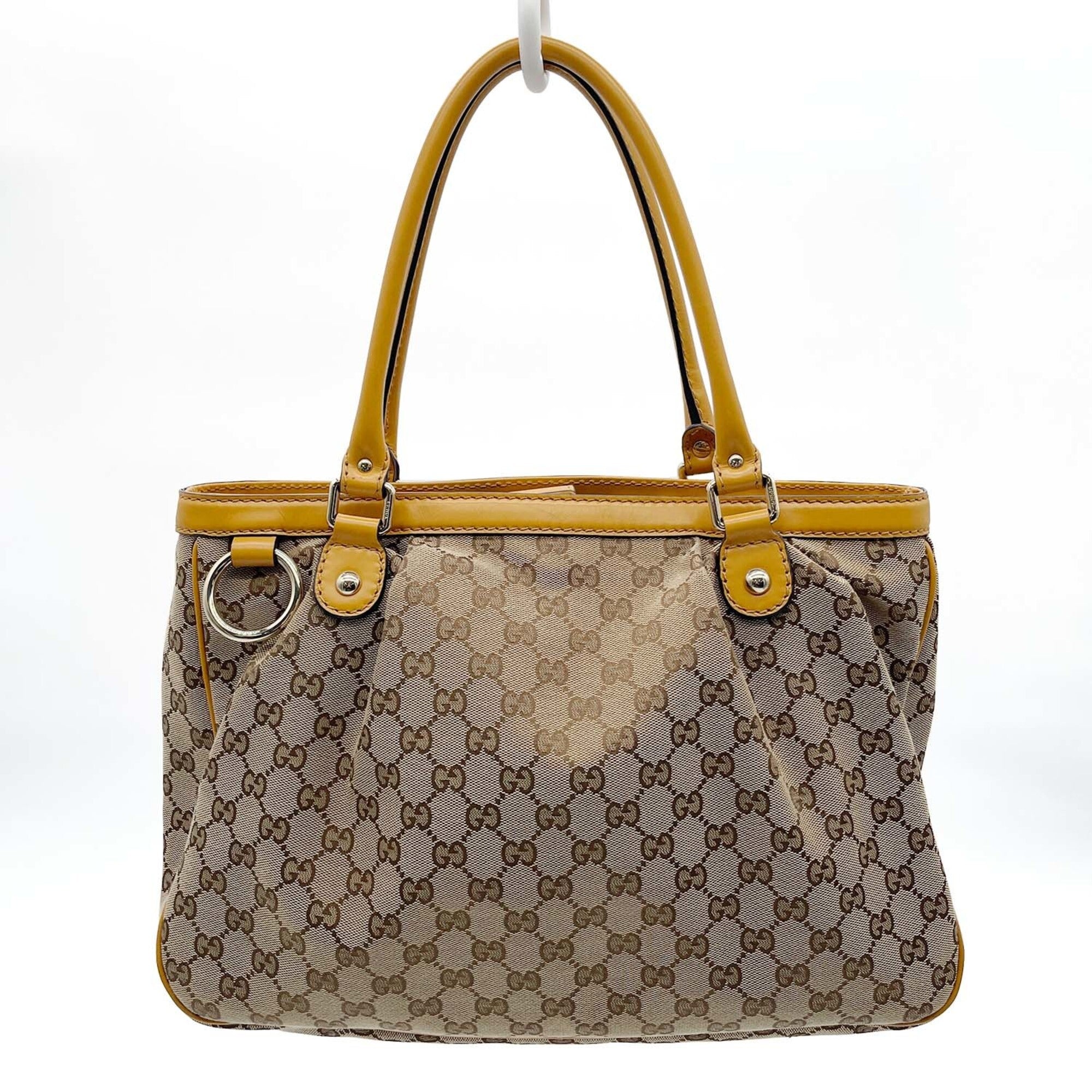 Gucci Brown Yellow Canvas Leather Handbag Tote Bag (Pre-Owned)