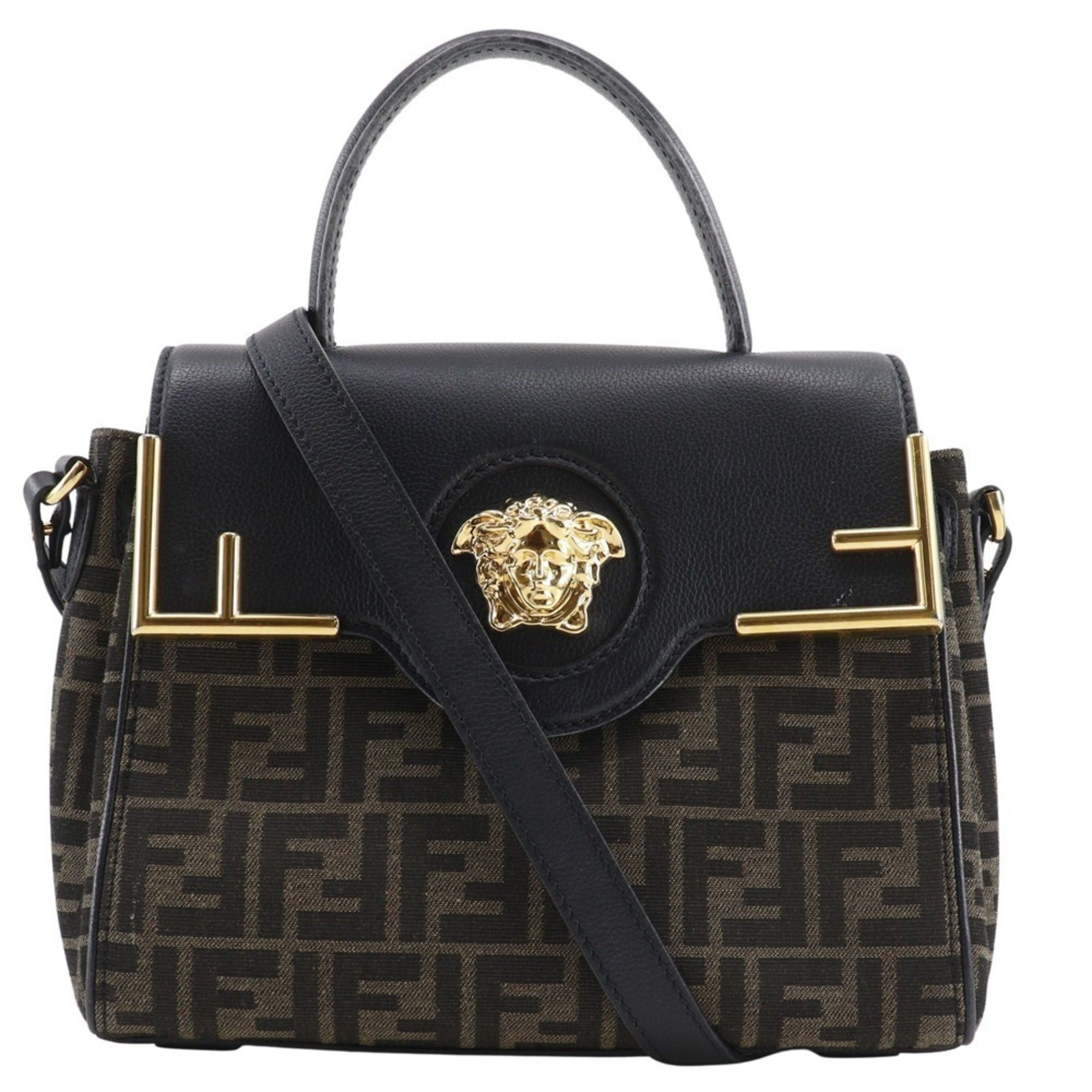 Fendi Zucca Black Brown Nylon Canvas Leather Handbag (Pre-Owned)