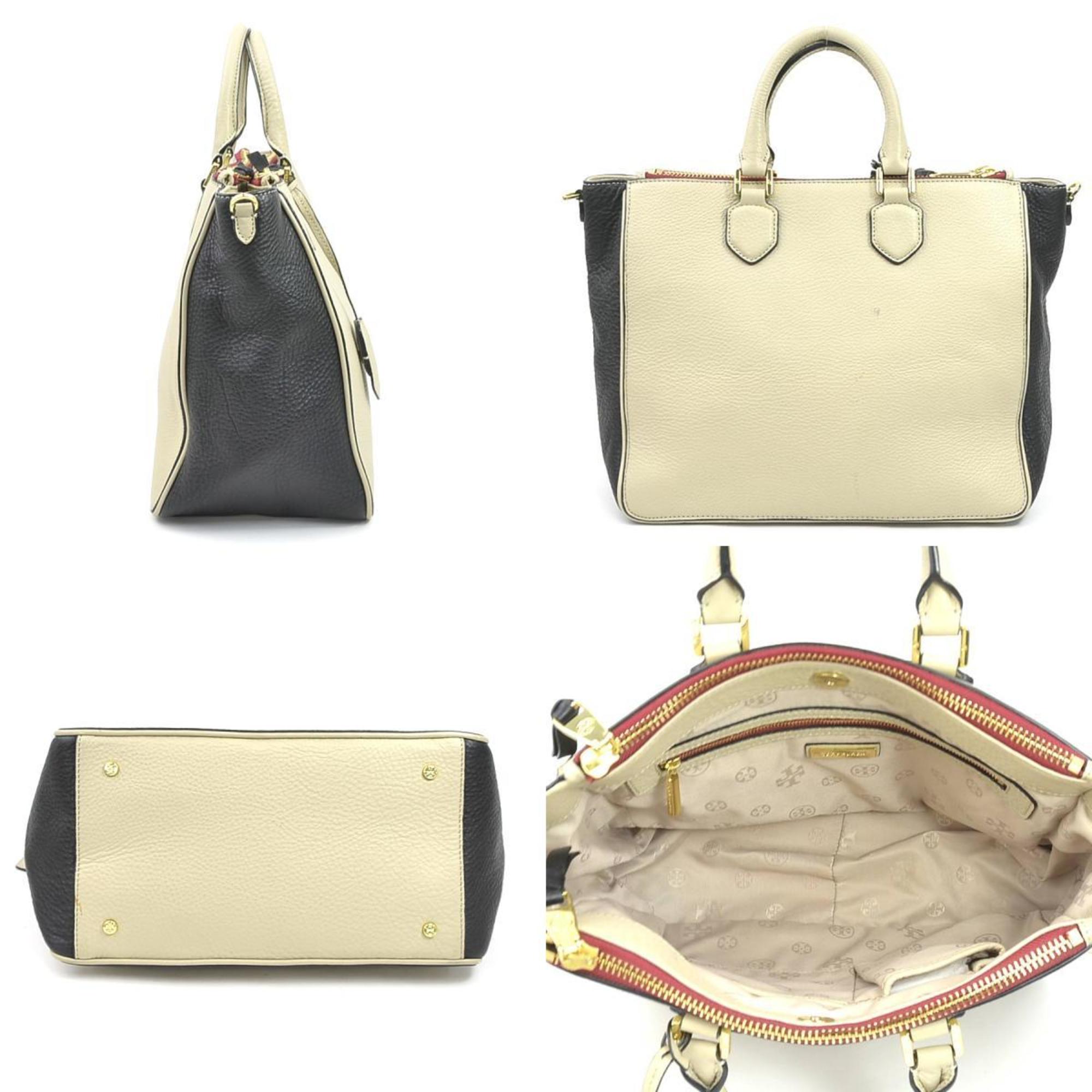 Tory Burch Beige Black Leather Handbag Shoulder Bag (Pre-Owned)
