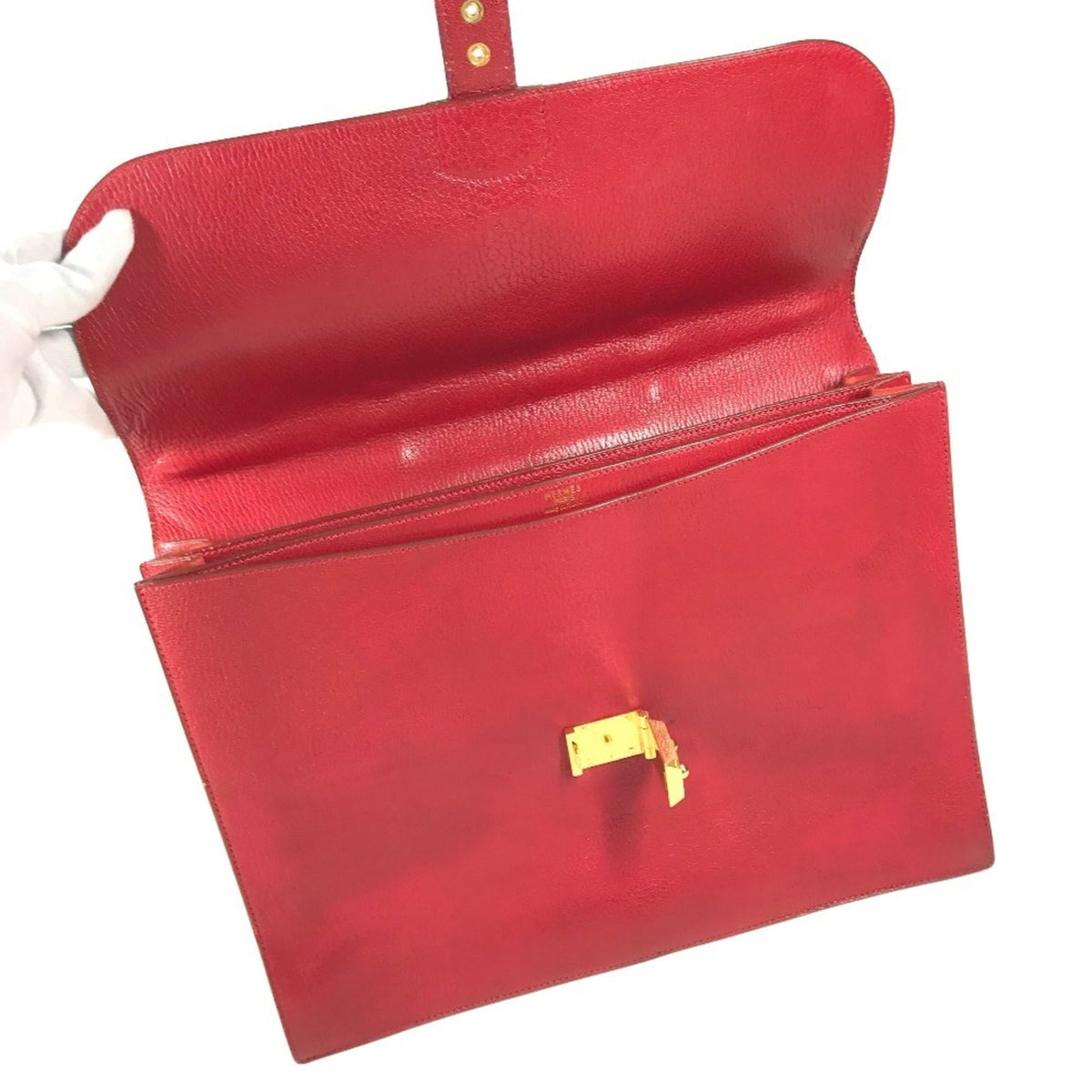 Hermes Red Color Leather Briefcase Handbag (Pre-Owned)