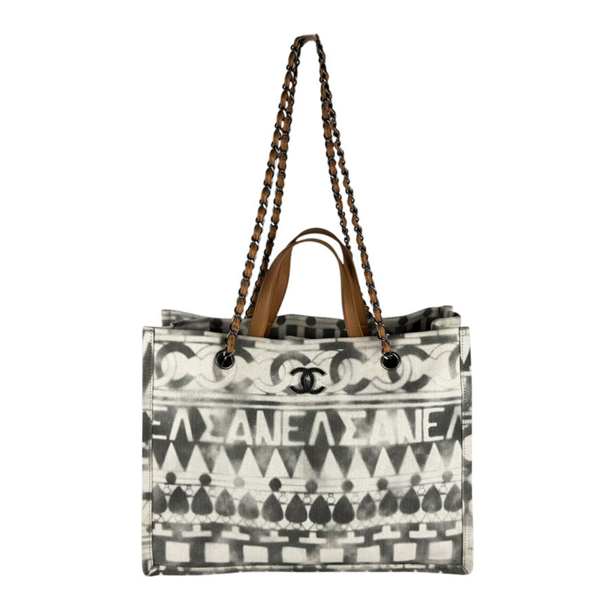Chanel Brown Gray Ivory Canvas Leather Handbag Shoulder Bag (Pre-Owned)