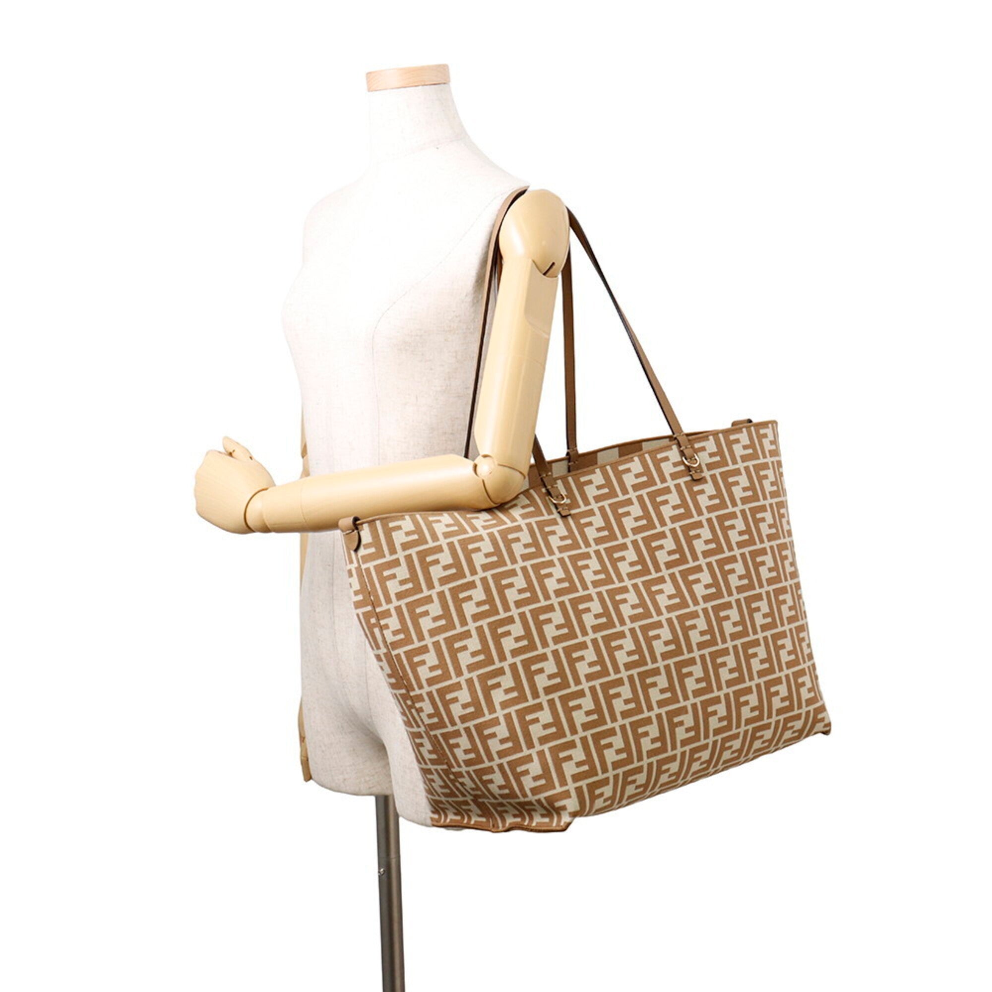 Fendi Pequin Beige Brown Canvas Leather Handbag Tote Bag (Pre-Owned)