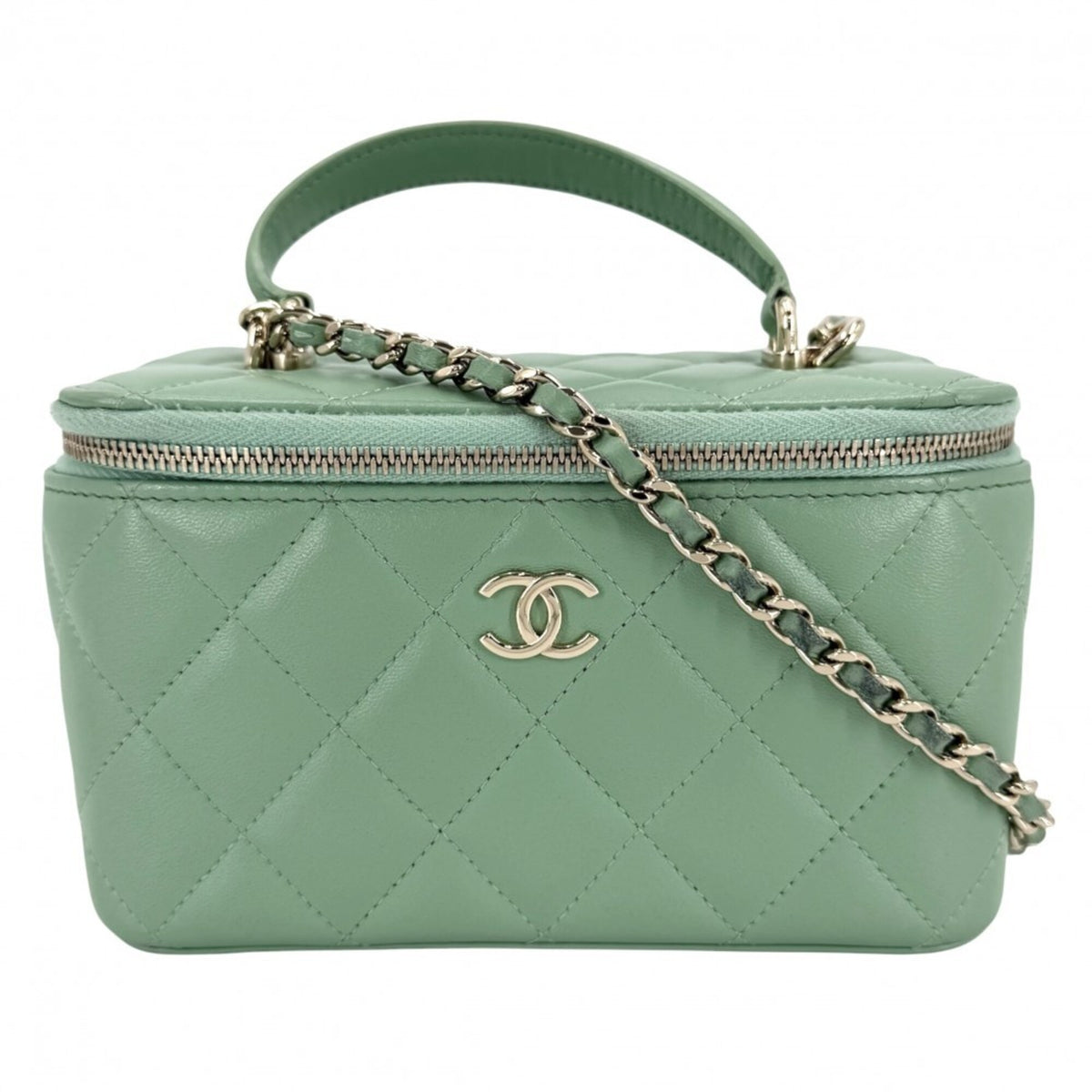 Chanel Green Leather Handbag Pochette Shoulder Bag Vanity Bag (Pre-Owned)