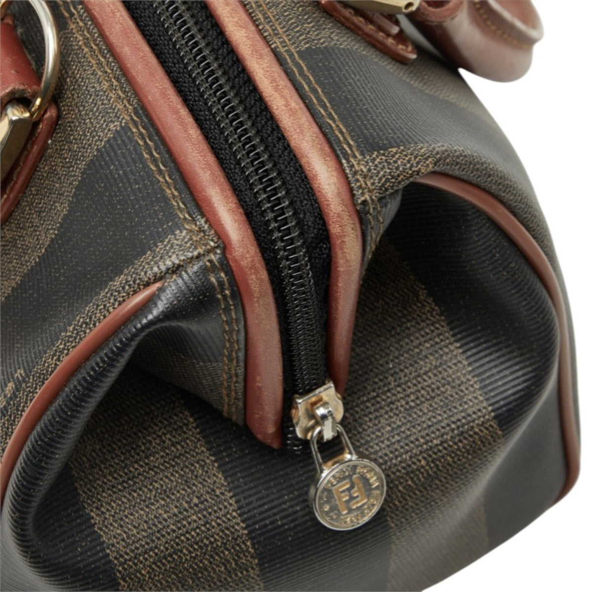 Fendi Pequin Khaki Brown Pvc Leather Boston Bag Shoulder Bag (Pre-Owned)
