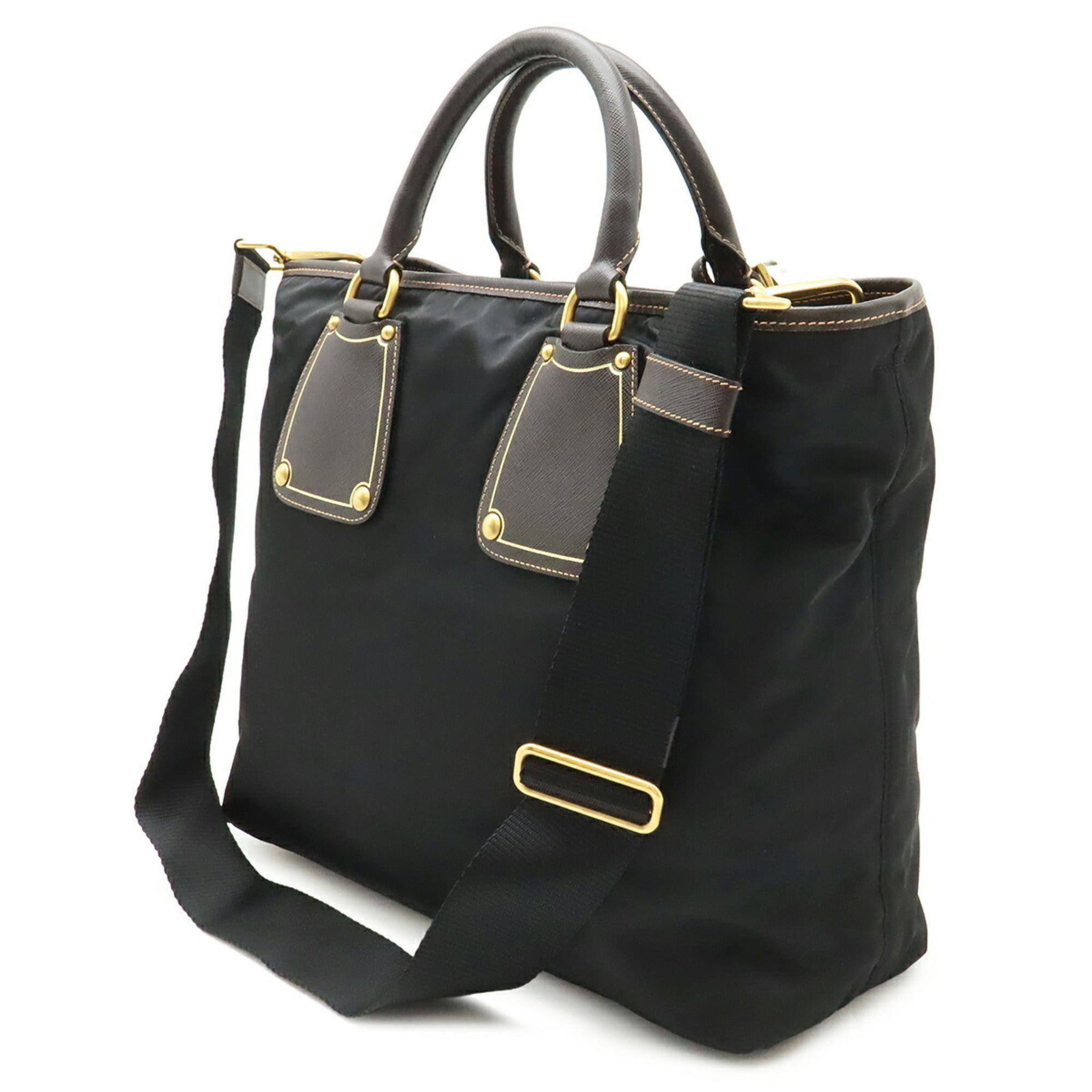 Prada Black Dark Brown Nero Nylon Leather Shoulder Bag Tote Bag (Pre-Owned)