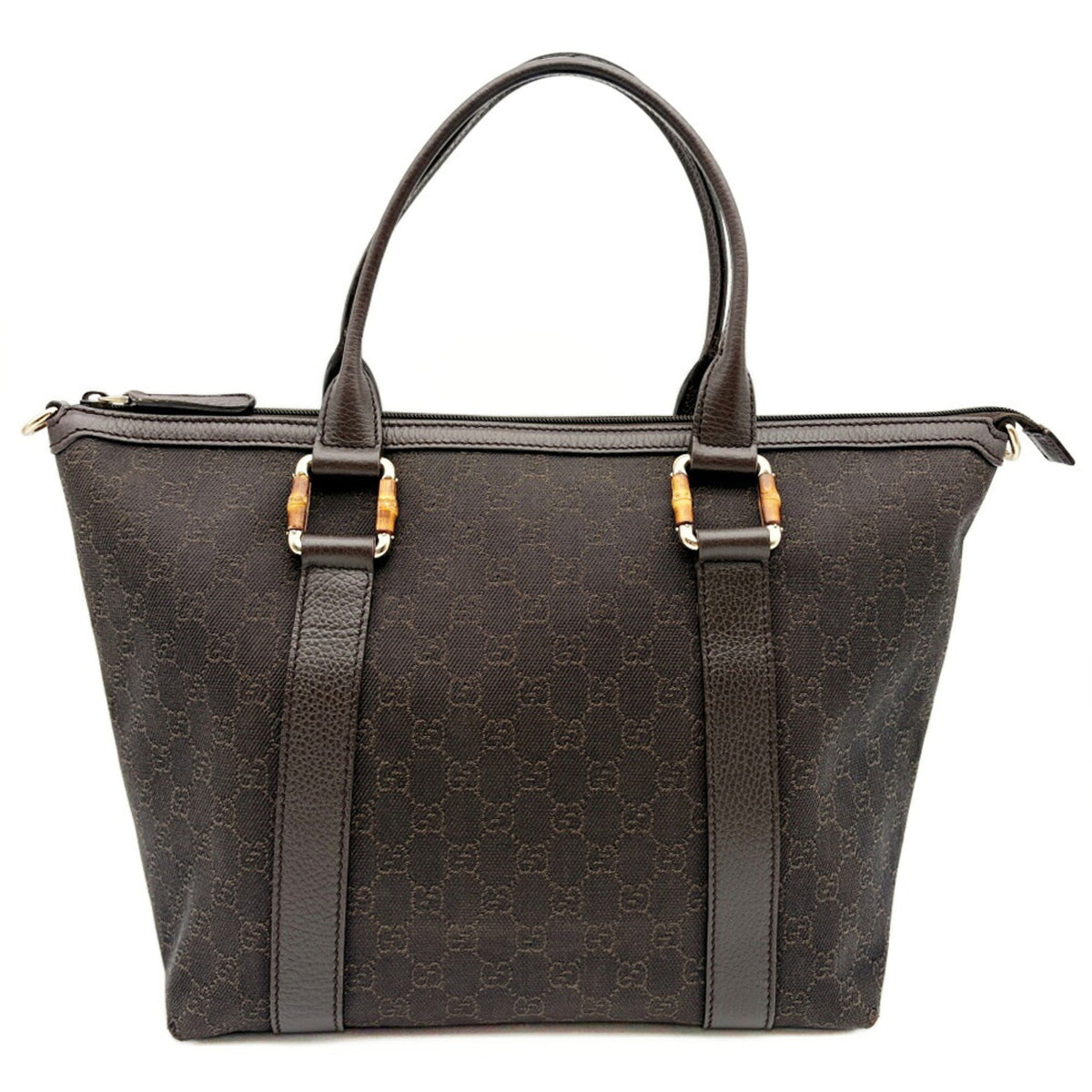 Gucci Dark Brown Canvas Bamboo Leather Tote Bag (Pre-Owned)