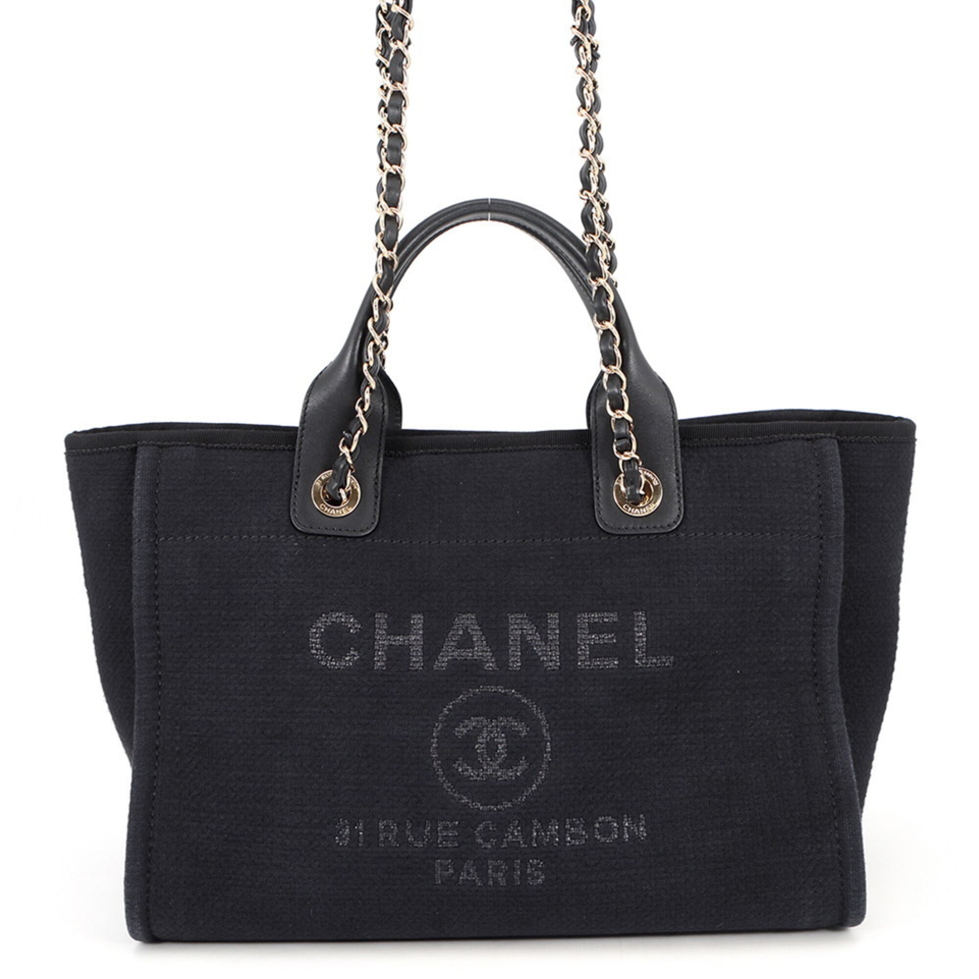Chanel Black Canvas Leather Handbag Pouch Shopping Bag Tote Bag (Pre-Owned)