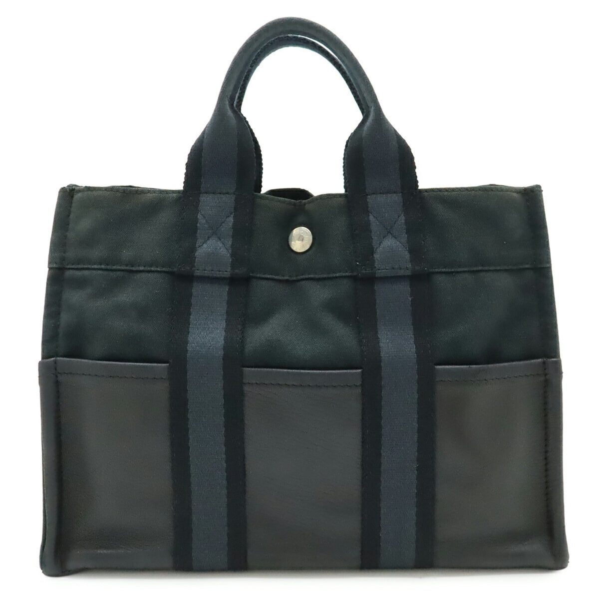Hermes Black Navy Canvas Leather Handbag Tote Bag (Pre-Owned)