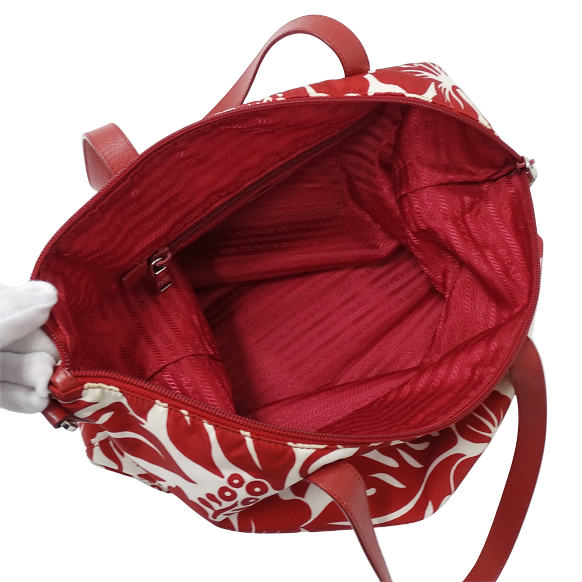 Prada Red Color White Nylon Handbag Shoulder Bag Tote Bag (Pre-Owned)