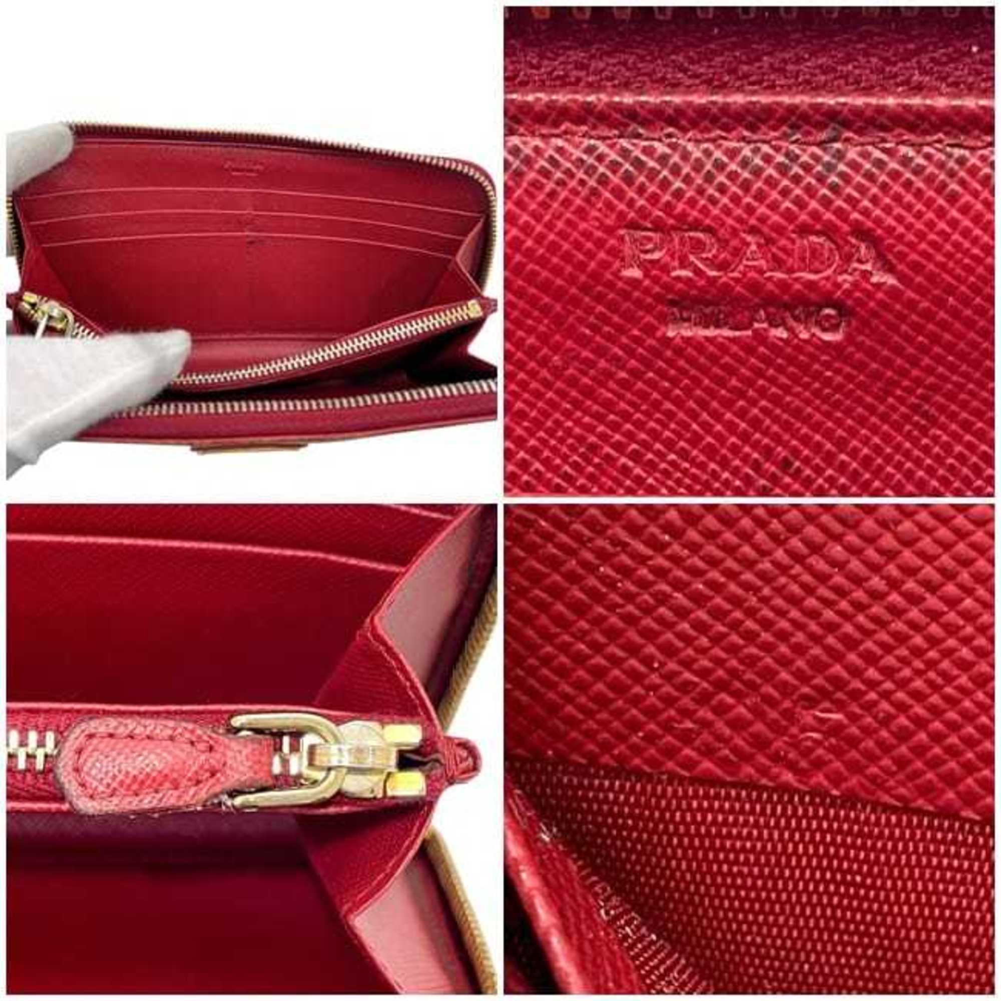 Prada Red Color Saffiano Long Wallet (Bi-Fold) (Pre-Owned)
