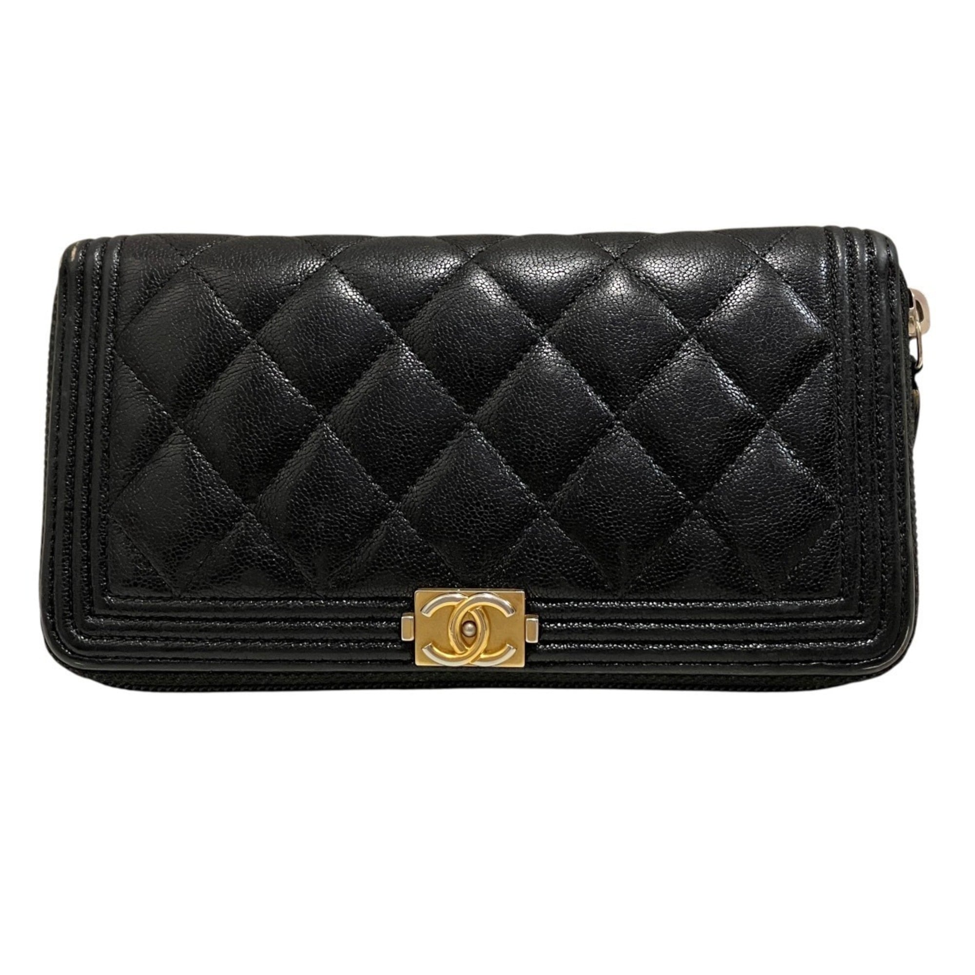 Chanel Boy Chanel Black Grained Calfskin Long Wallet (Bi-Fold) (Pre-Owned)