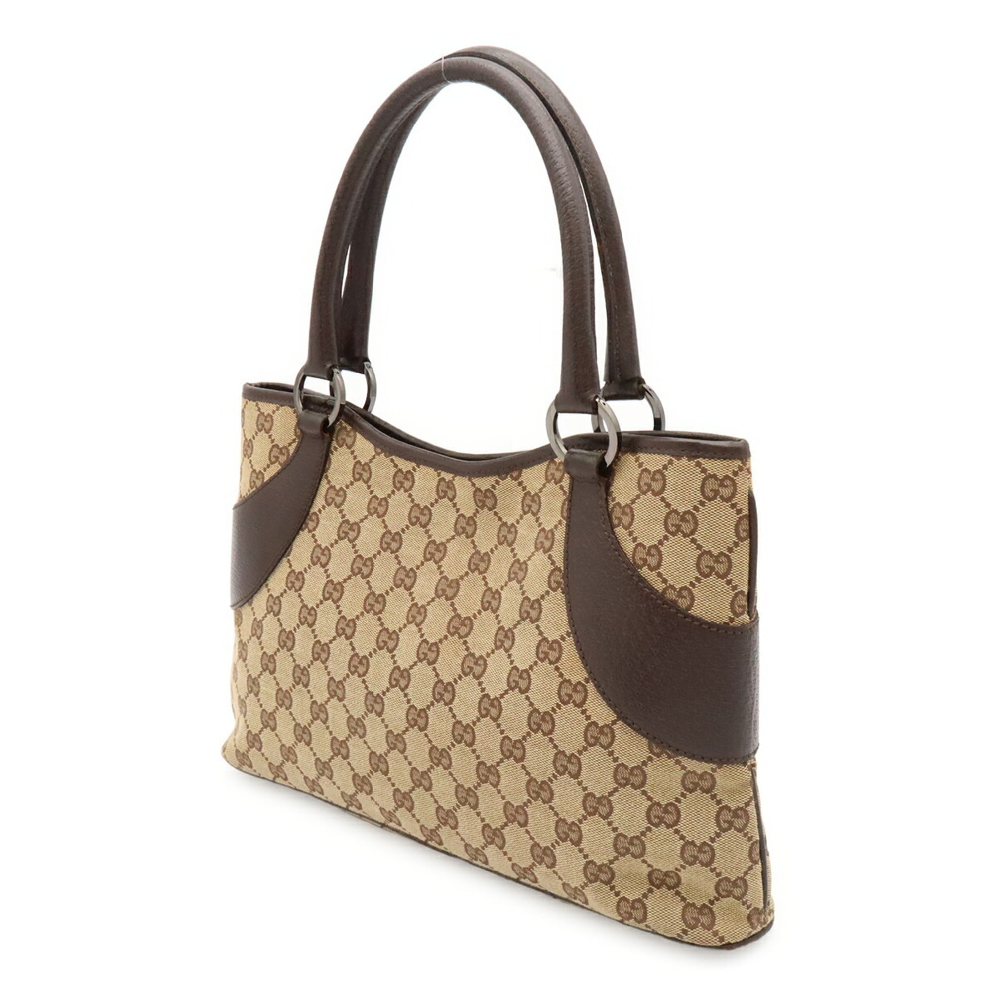Gucci Gg Canvas Beige Dark Brown Gg Canvas Leather Shoulder Bag Tote Bag (Pre-Owned)