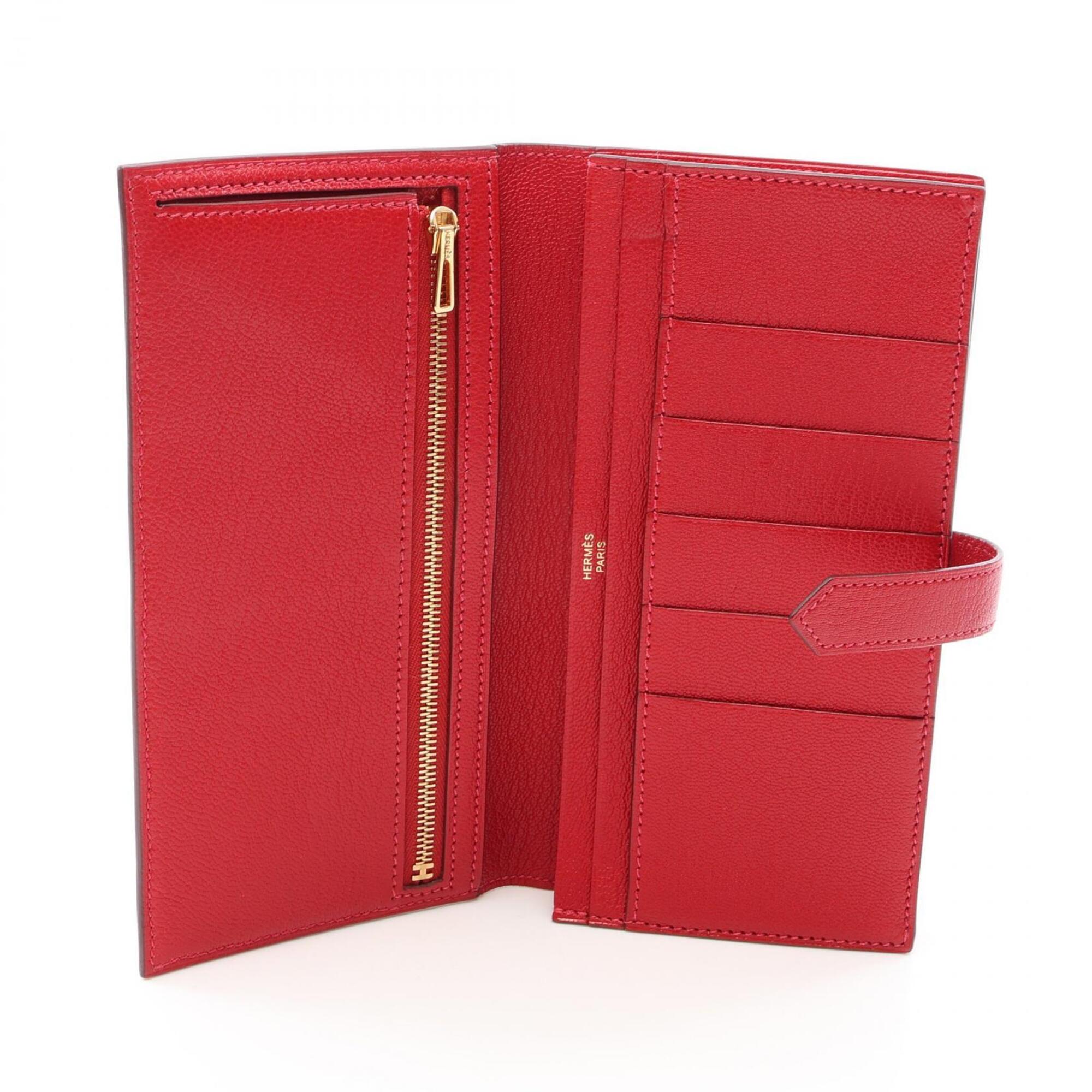 Hermes Red Color Rouge Casaque Chevre Leather Long Wallet (Bi-Fold) (Pre-Owned)