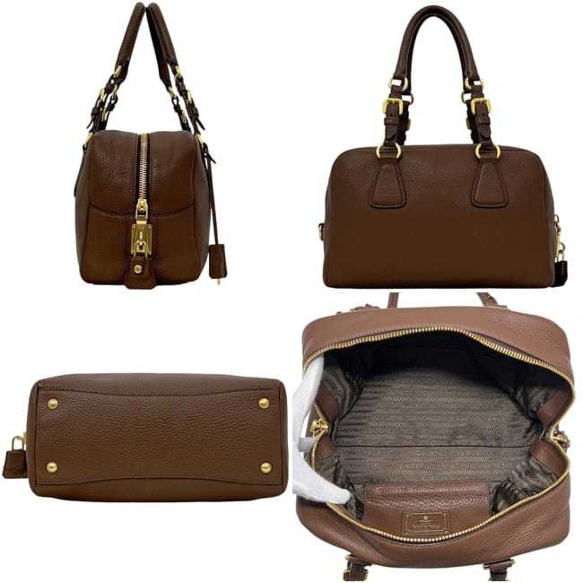 Prada Brown Leather Boston Bag Handbag (Pre-Owned)