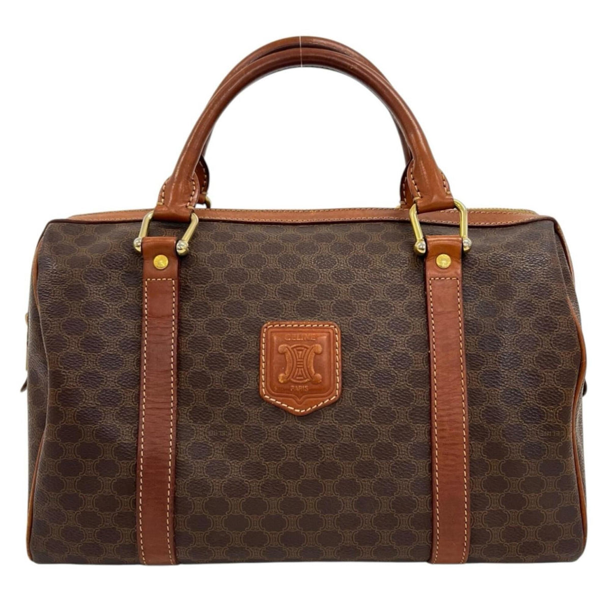 Celine Brown Coated Canvas Leather Boston Bag Handbag (Pre-Owned)