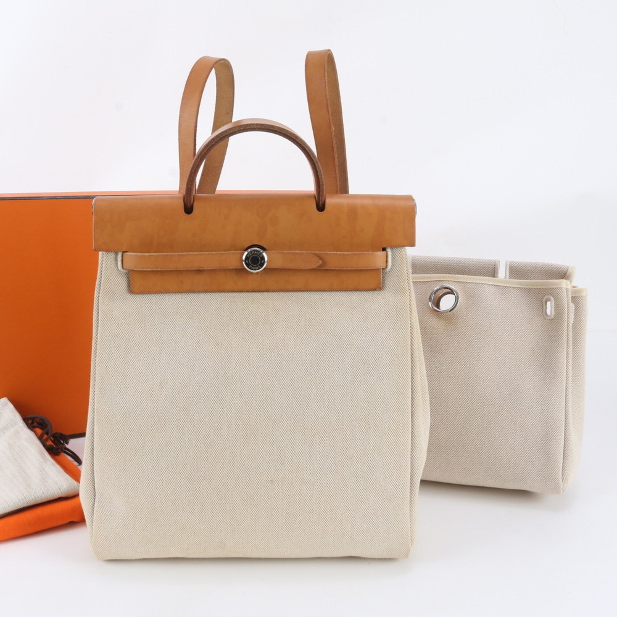 Hermes Beige Leather Canvas Backpack (Pre-Owned)