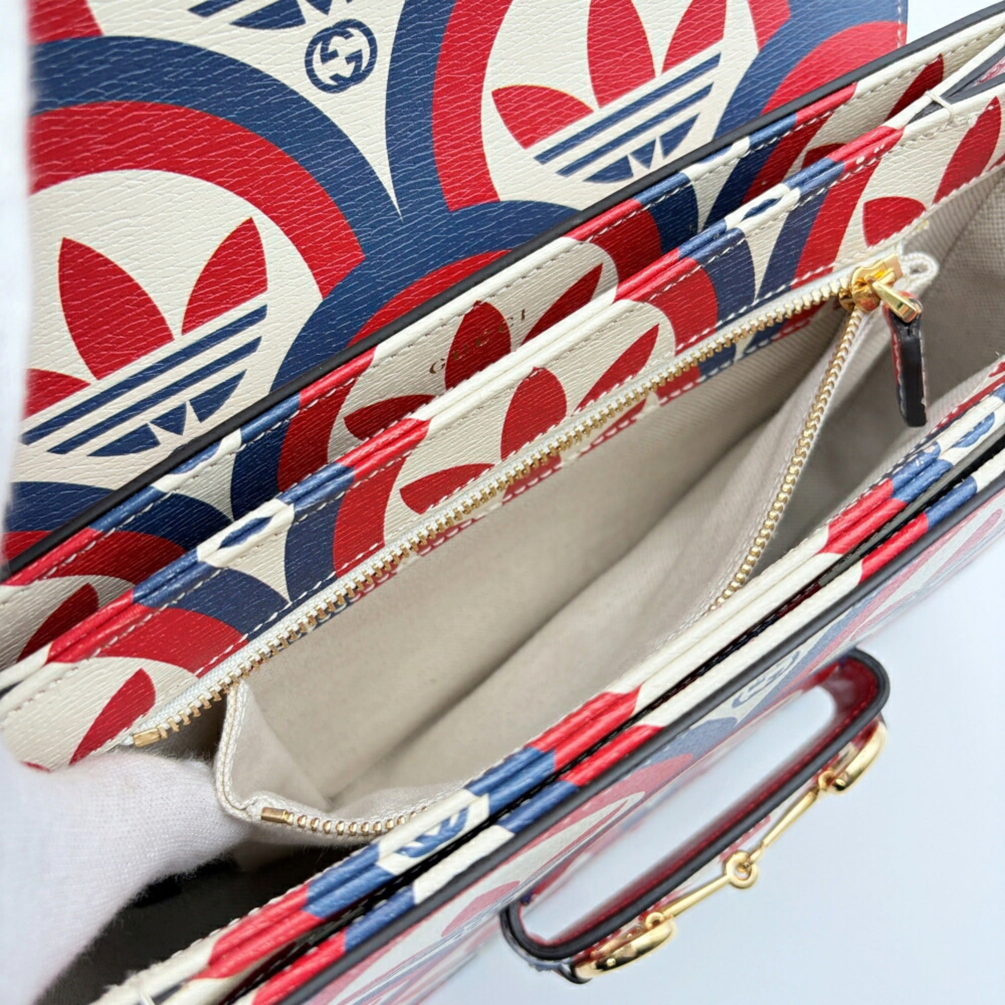 Gucci Horsebit Ivory Navy Red Color Leather Shoulder Bag (Pre-Owned)