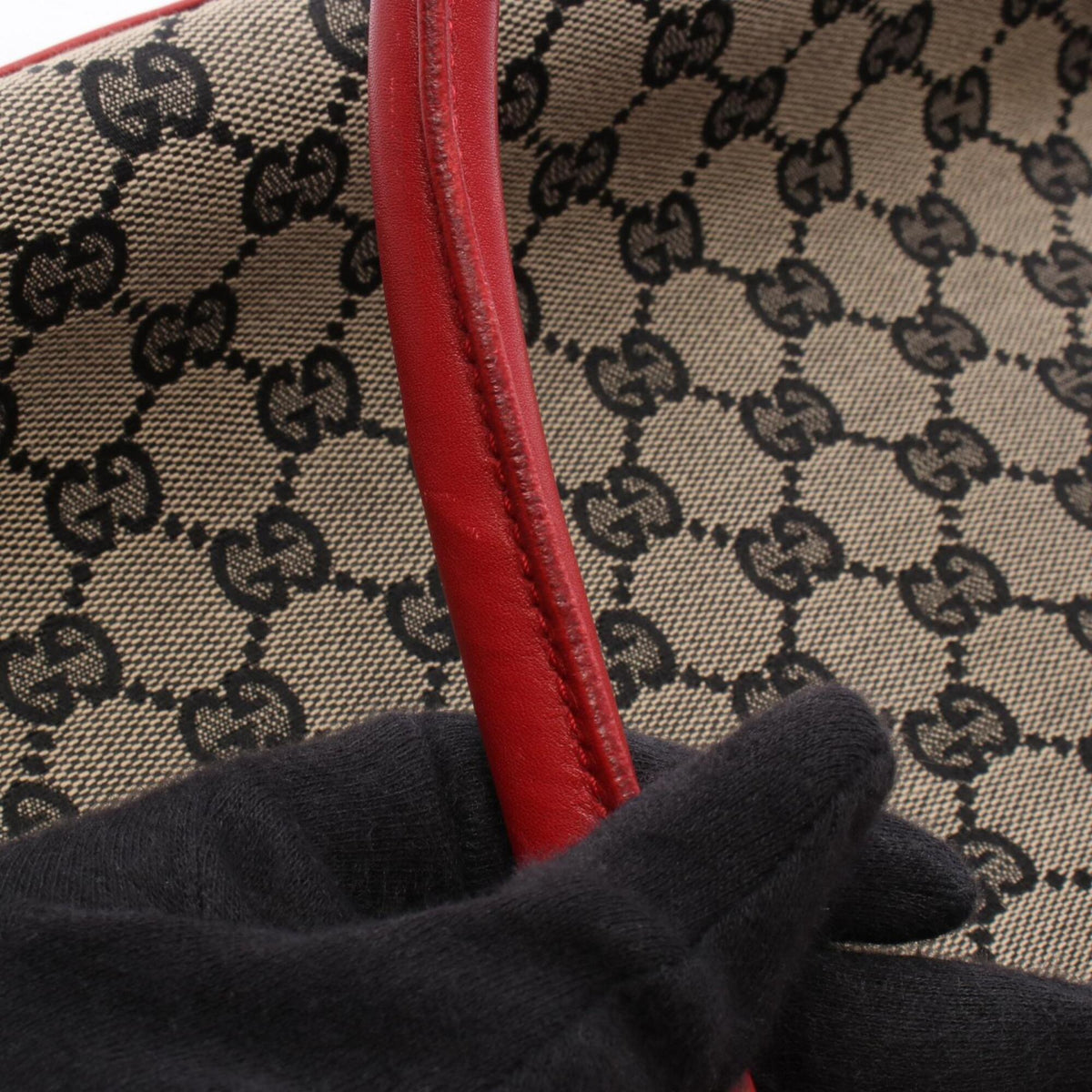 Gucci Beige Black Red Color Canvas Leather Handbag Tote Bag (Pre-Owned)