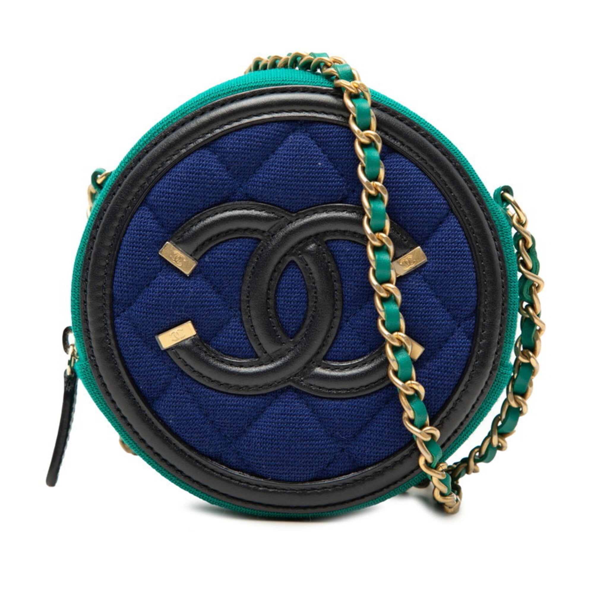 Chanel Black Blue Green Cotton Leather Shoulder Bag (Pre-Owned)