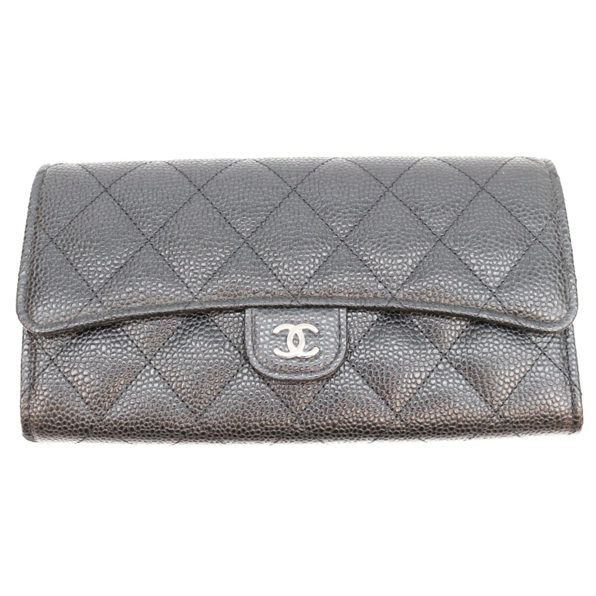 Chanel Black Grained Calfskin Long Wallet (Bi-Fold) (Pre-Owned)