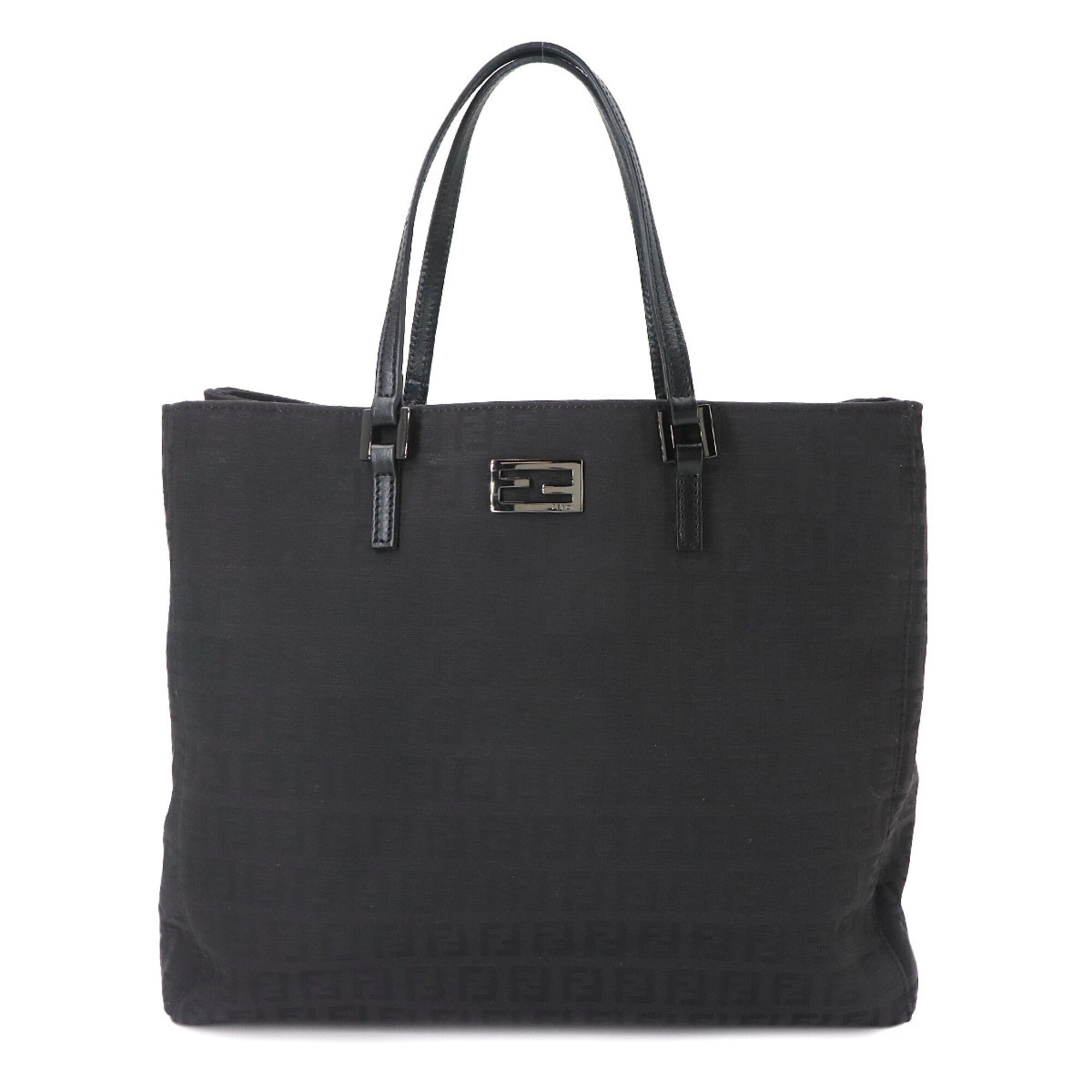 Fendi Zucchino Black Canvas Leather Handbag Tote Bag (Pre-Owned)