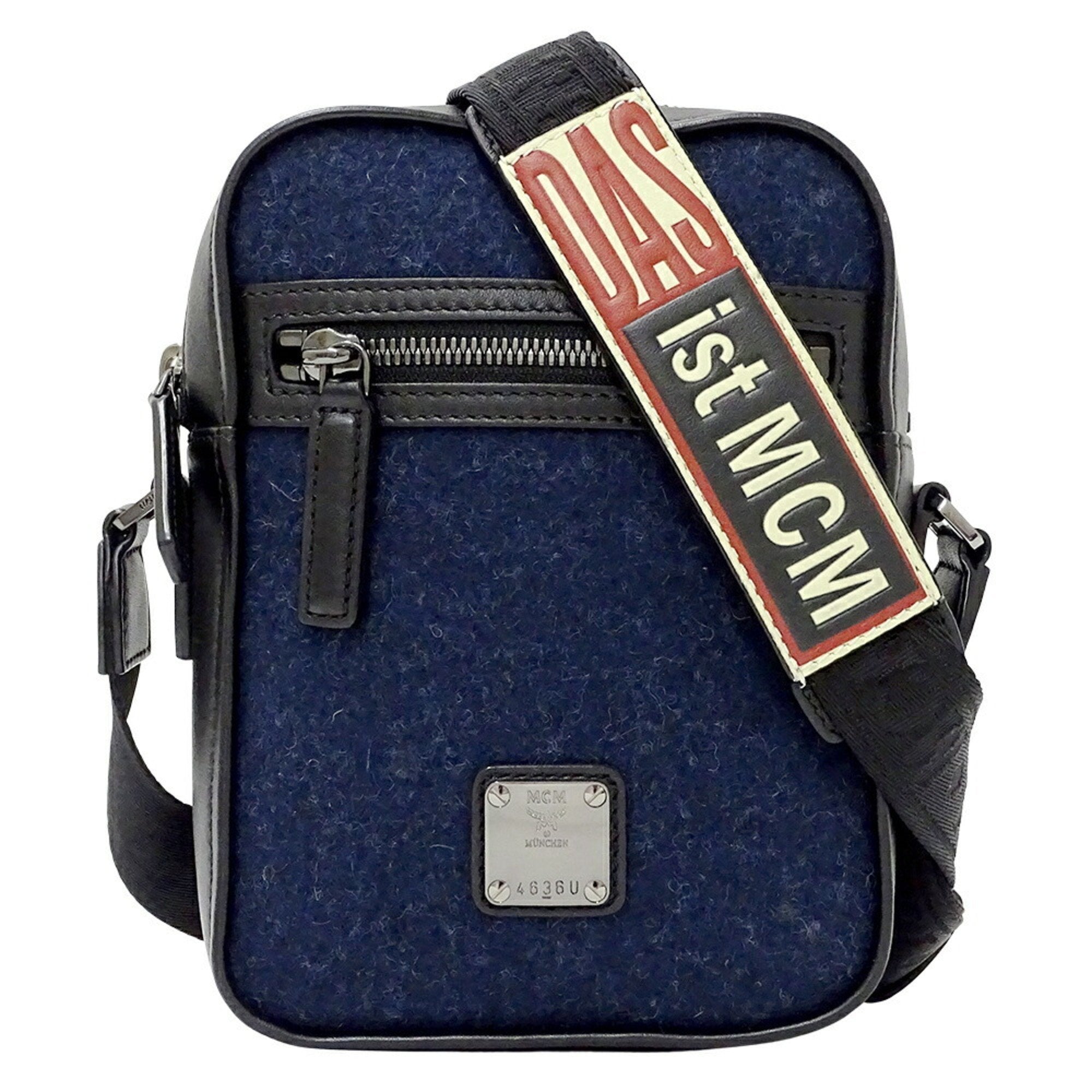 Mcm Navy Black Wool Leather Shoulder Bag (Pre-Owned)